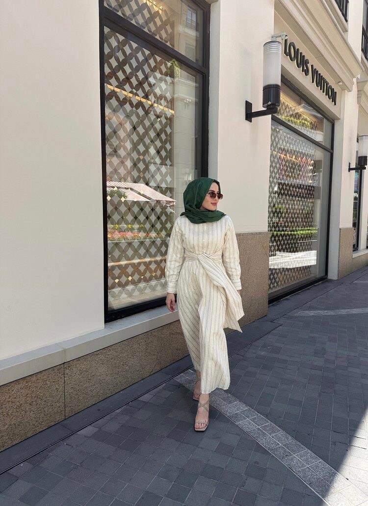 Kuşaklı Keten Elbise