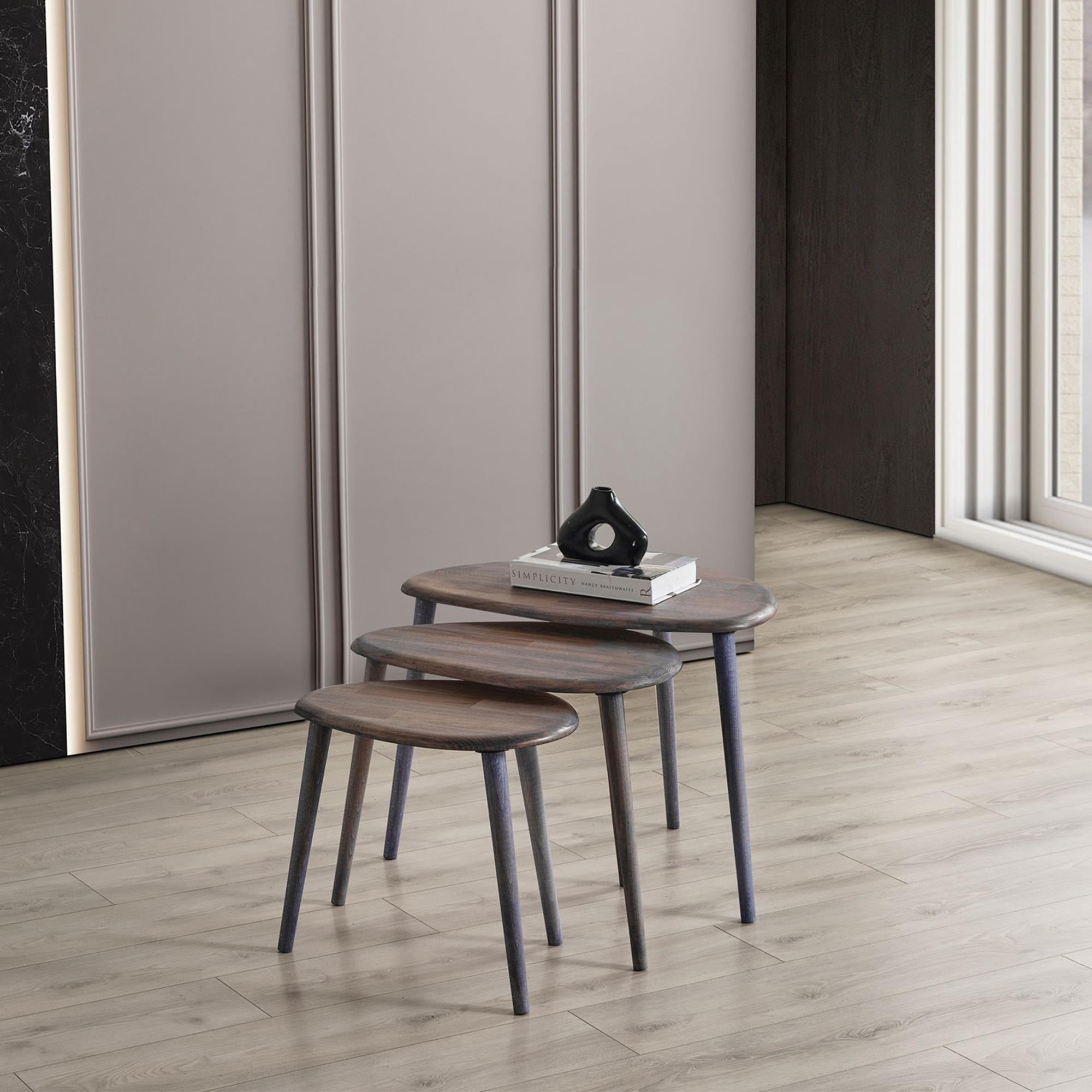 FAVdecor Masif Doğal Ahşap Zigon Sehpa 3'lü Set, Modern Masif Yan Sehpa Antrasit