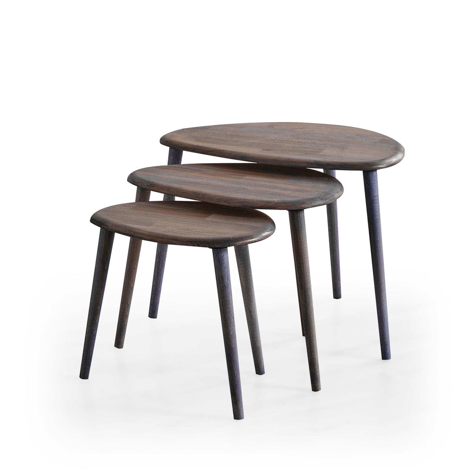 FAVdecor Masif Doğal Ahşap Zigon Sehpa 3'lü Set, Modern Masif Yan Sehpa Antrasit