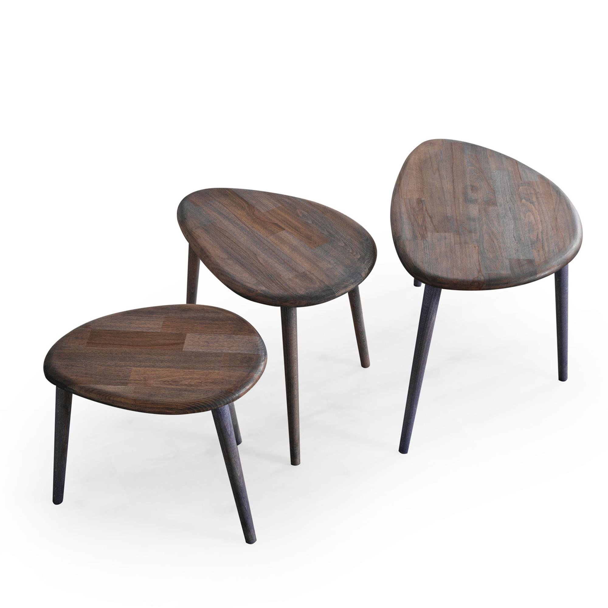 FAVdecor Masif Doğal Ahşap Zigon Sehpa 3'lü Set, Modern Masif Yan Sehpa Antrasit
