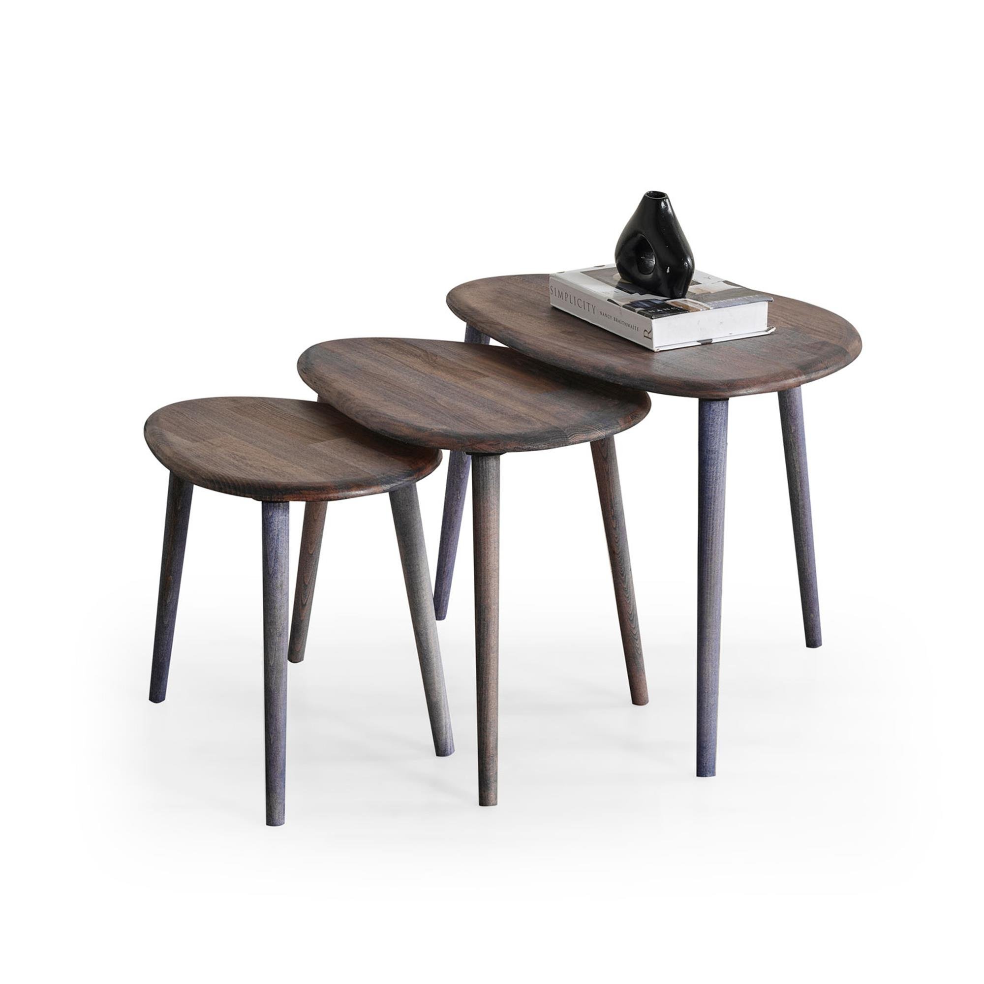 FAVdecor Masif Doğal Ahşap Zigon Sehpa 3'lü Set, Modern Masif Yan Sehpa Antrasit