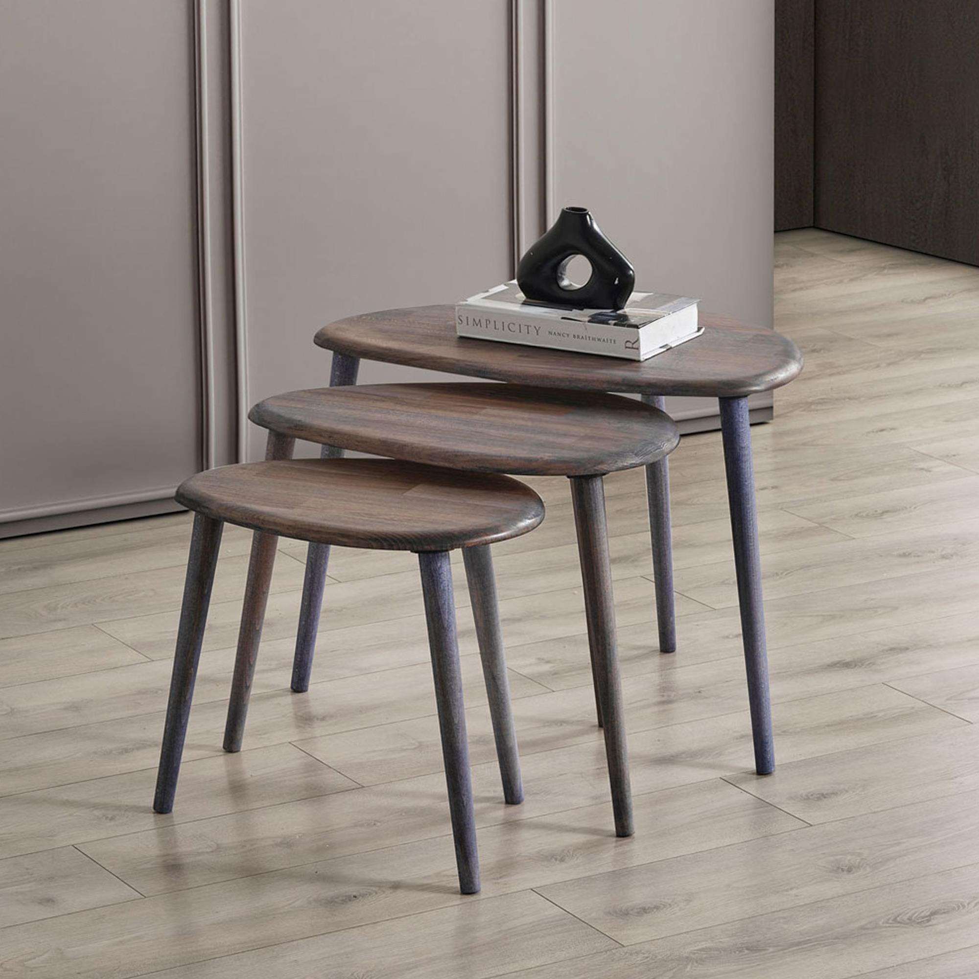 FAVdecor Masif Doğal Ahşap Zigon Sehpa 3'lü Set, Modern Masif Yan Sehpa Antrasit
