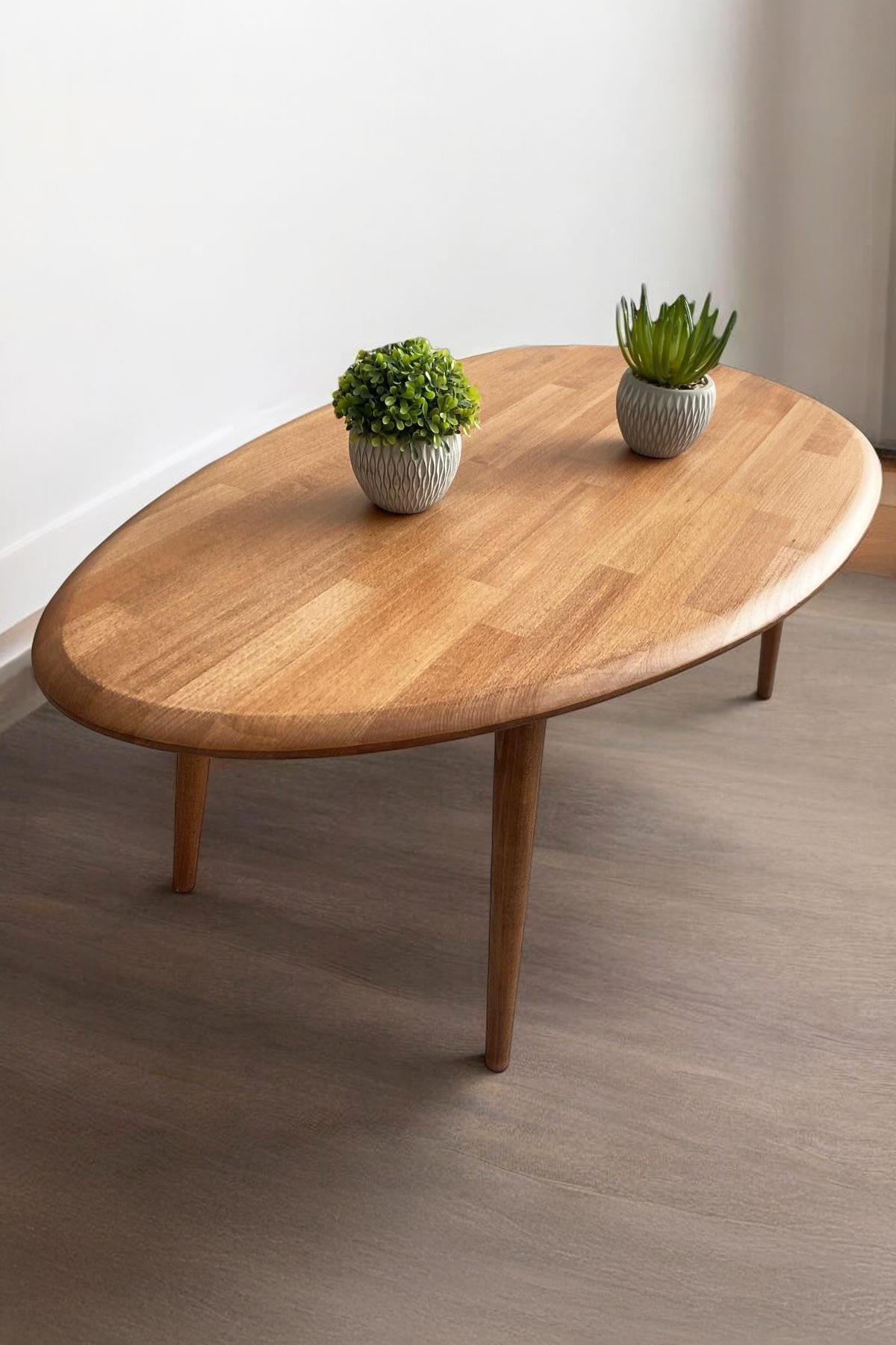Fawdecor Asimetrik Masif Ahşap Modern İskandinav Oval Kestane Orta Sehpa