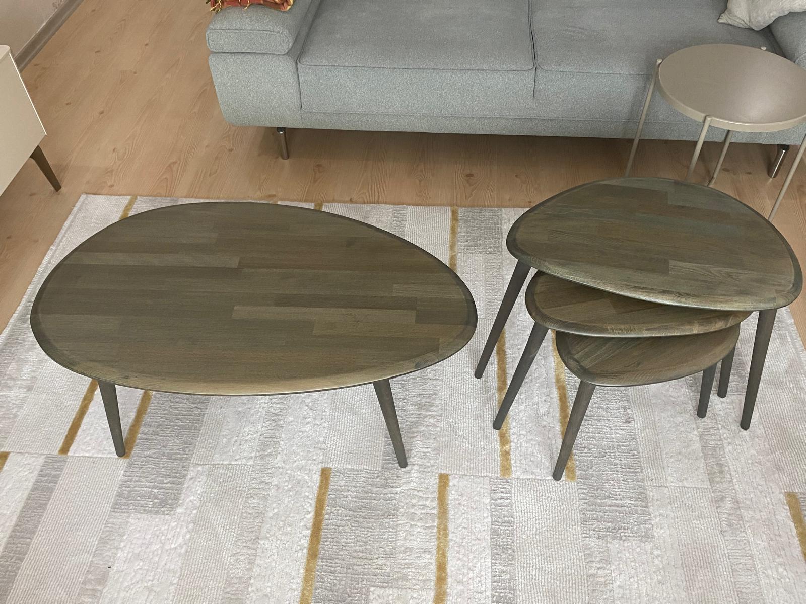Fawdecor Asimetrik Masif Ahşap Orta Sehpa ve 3'lü Zigon Yan Sehpa Seti, Doğal Ahşap Sehpa Takımı Antrasit