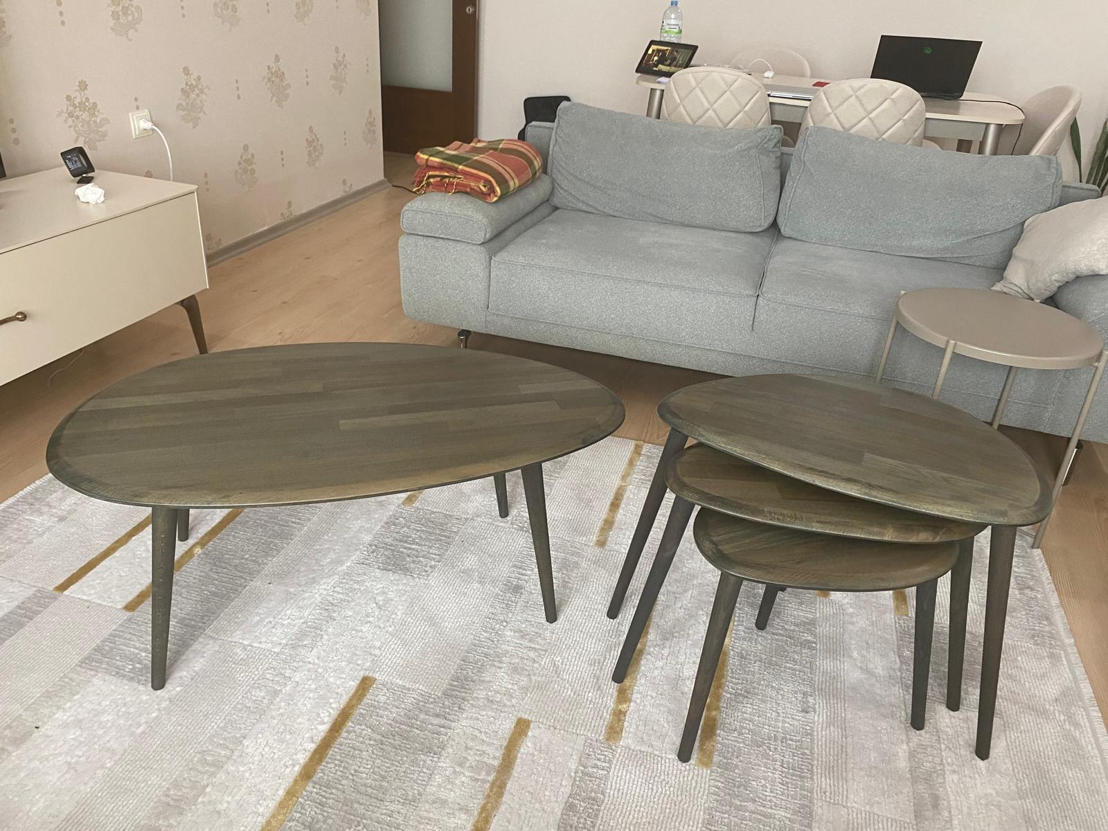 Fawdecor Asimetrik Masif Ahşap Orta Sehpa ve 3'lü Zigon Yan Sehpa Seti, Doğal Ahşap Sehpa Takımı Antrasit