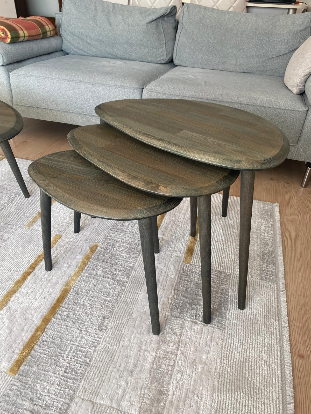 Fawdecor Asimetrik Masif Ahşap Orta Sehpa ve 3'lü Zigon Yan Sehpa Seti, Doğal Ahşap Sehpa Takımı Antrasit