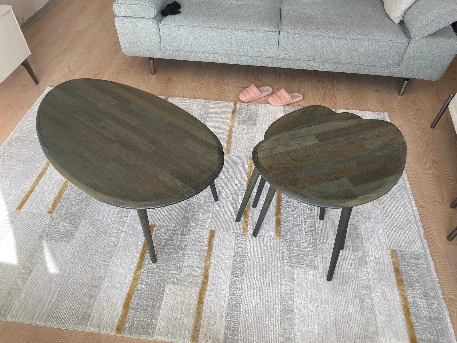 Fawdecor Asimetrik Masif Ahşap Orta Sehpa ve 3'lü Zigon Yan Sehpa Seti, Doğal Ahşap Sehpa Takımı Antrasit