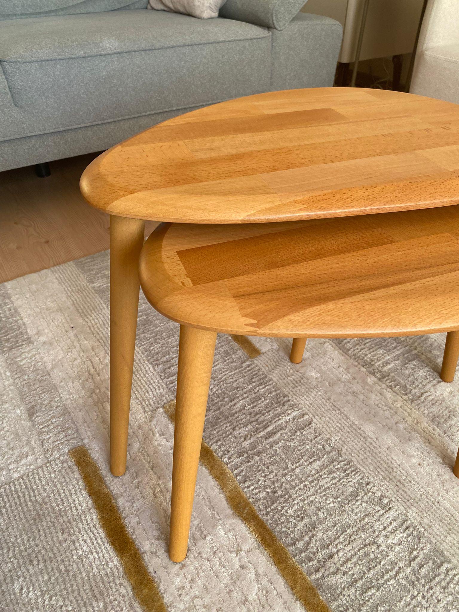 Fawdecor Asimetrik Masif Ahşap Orta Sehpa ve 2'li Zigon Yan Sehpa Seti, Açık Meşe Doğal Ahşap Sehpa Takımı