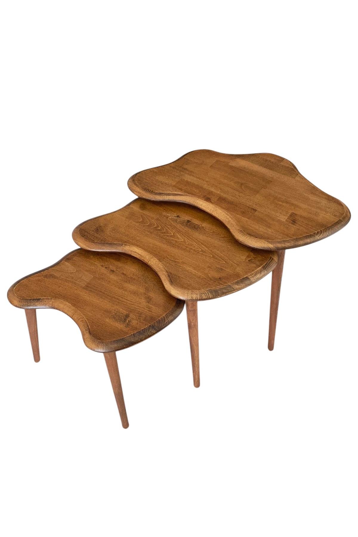 Fawdecor Asimetrik Masif Ahşap Zigon Sehpa Takımı 3'lü Set Modern Bohem Tarz Doğal Ağaç Yan Sehpa Ceviz