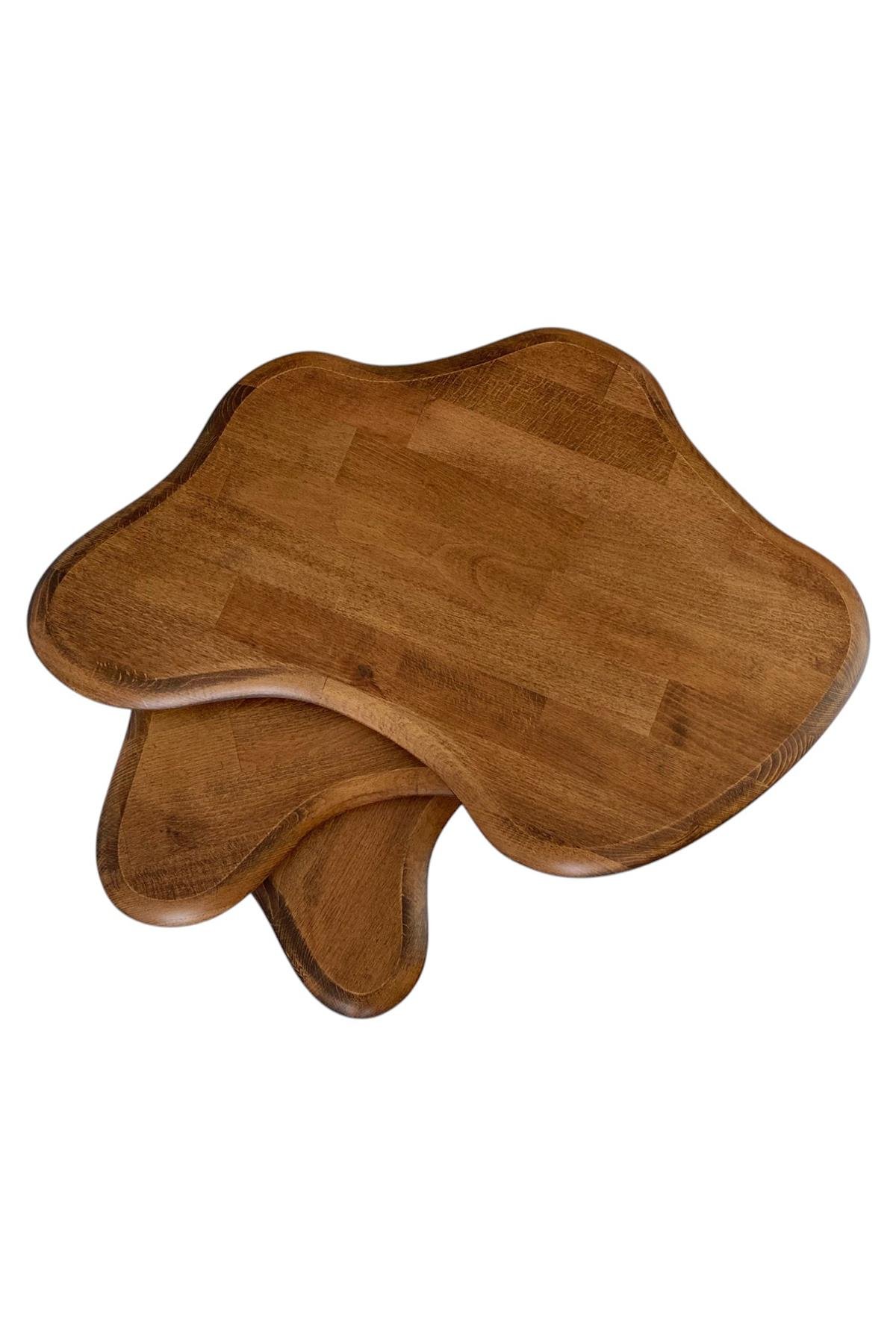 Fawdecor Asimetrik Masif Ahşap Zigon Sehpa Takımı 3'lü Set Modern Bohem Tarz Doğal Ağaç Yan Sehpa Ceviz