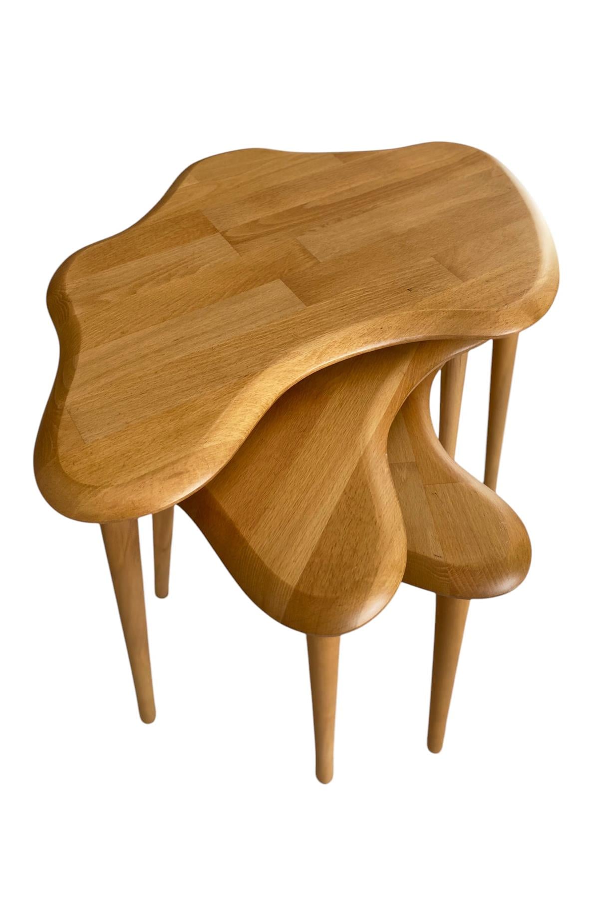 Fawdecor Asimetrik Masif Ahşap Zigon Sehpa Takımı 3'lü Set Modern Bohem Tarz Doğal Ağaç Yan Sehpa Açık Meşe