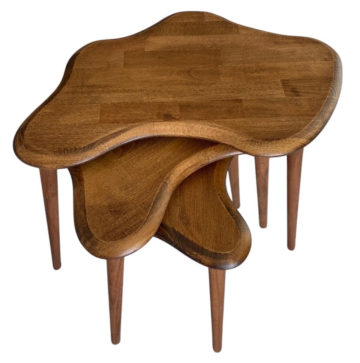Fawdecor Asimetrik Masif Ahşap Zigon Sehpa Takımı 3'lü Set Modern Bohem Tarz Doğal Ağaç Yan Sehpa Ceviz