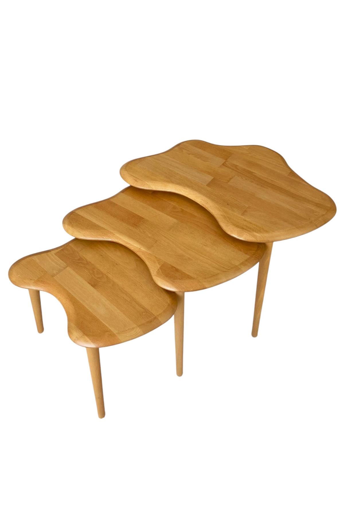 Fawdecor Asimetrik Masif Ahşap Zigon Sehpa Takımı 3'lü Set Modern Bohem Tarz Doğal Ağaç Yan Sehpa Açık Meşe