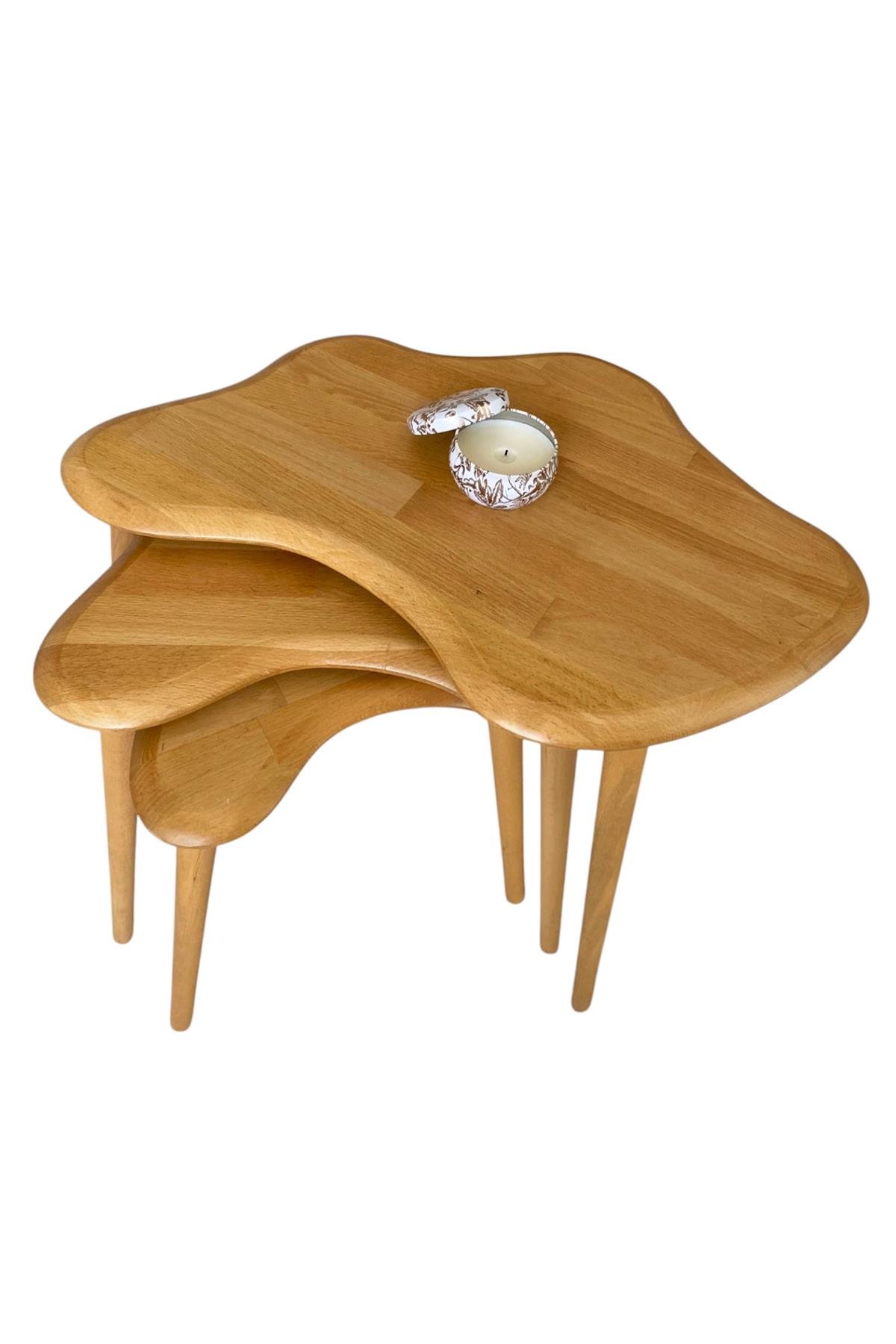 Fawdecor Asimetrik Masif Ahşap Zigon Sehpa Takımı 3'lü Set Modern Bohem Tarz Doğal Ağaç Yan Sehpa Açık Meşe