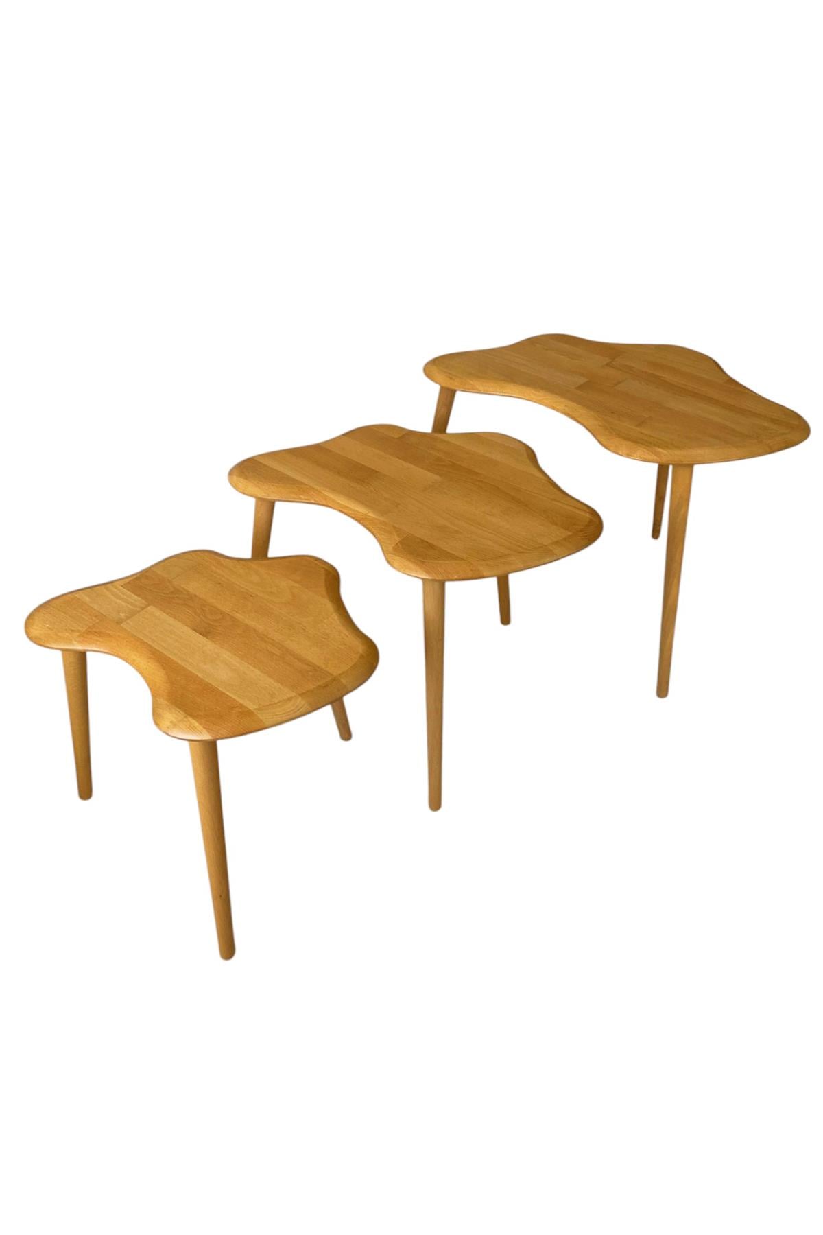 Fawdecor Asimetrik Masif Ahşap Zigon Sehpa Takımı 3'lü Set Modern Bohem Tarz Doğal Ağaç Yan Sehpa Açık Meşe