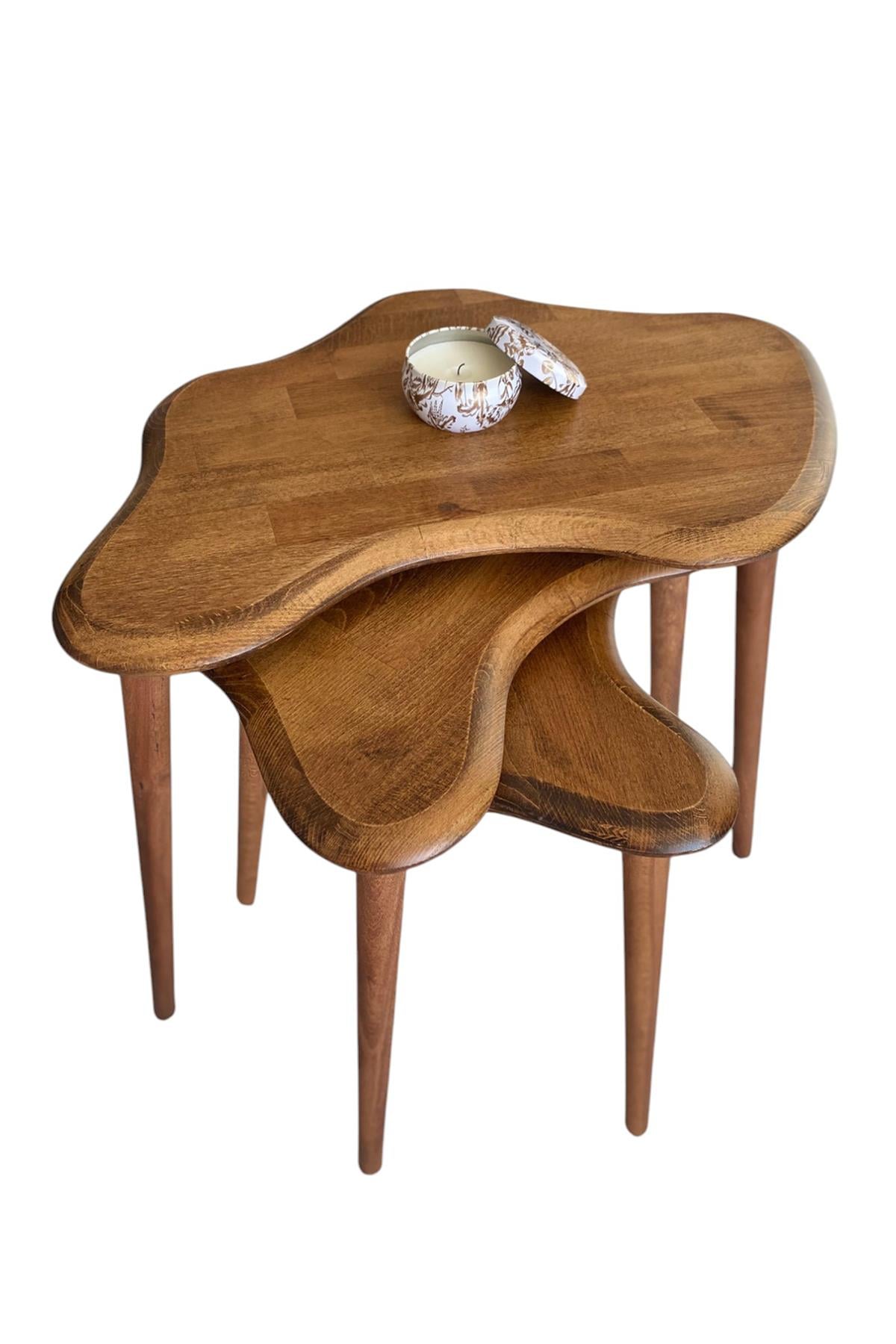 Fawdecor Asimetrik Masif Ahşap Zigon Sehpa Takımı 3'lü Set Modern Bohem Tarz Doğal Ağaç Yan Sehpa Ceviz