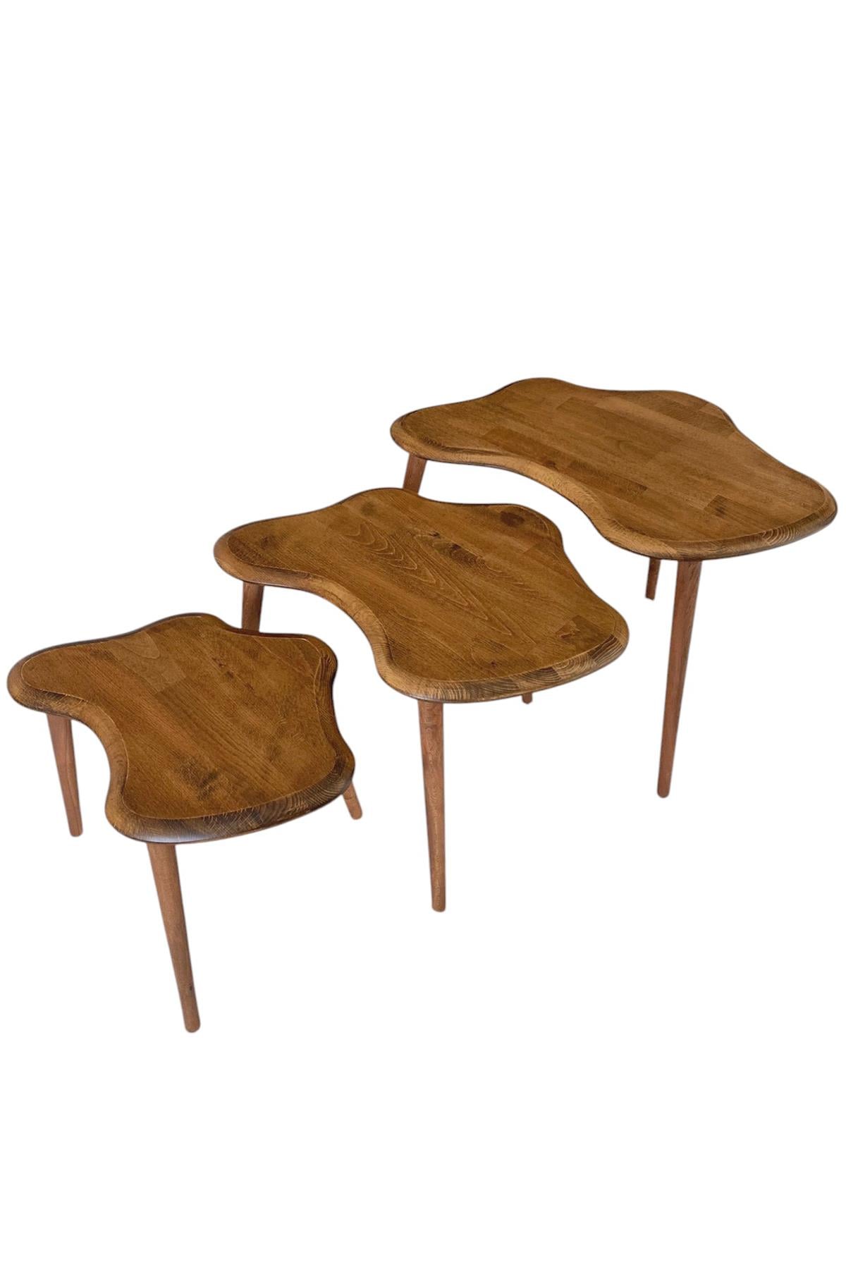 Fawdecor Asimetrik Masif Ahşap Zigon Sehpa Takımı 3'lü Set Modern Bohem Tarz Doğal Ağaç Yan Sehpa Ceviz