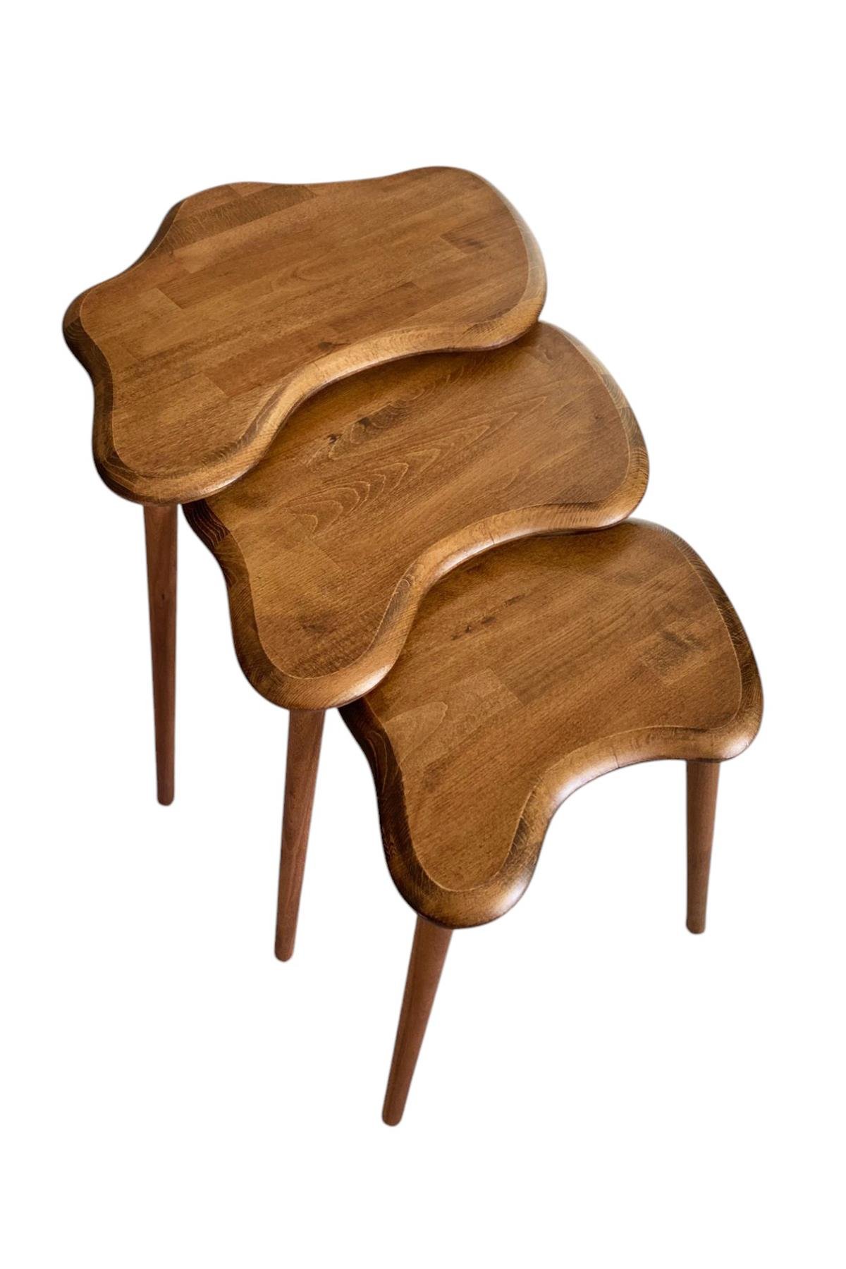 Fawdecor Asimetrik Masif Ahşap Zigon Sehpa Takımı 3'lü Set Modern Bohem Tarz Doğal Ağaç Yan Sehpa Ceviz