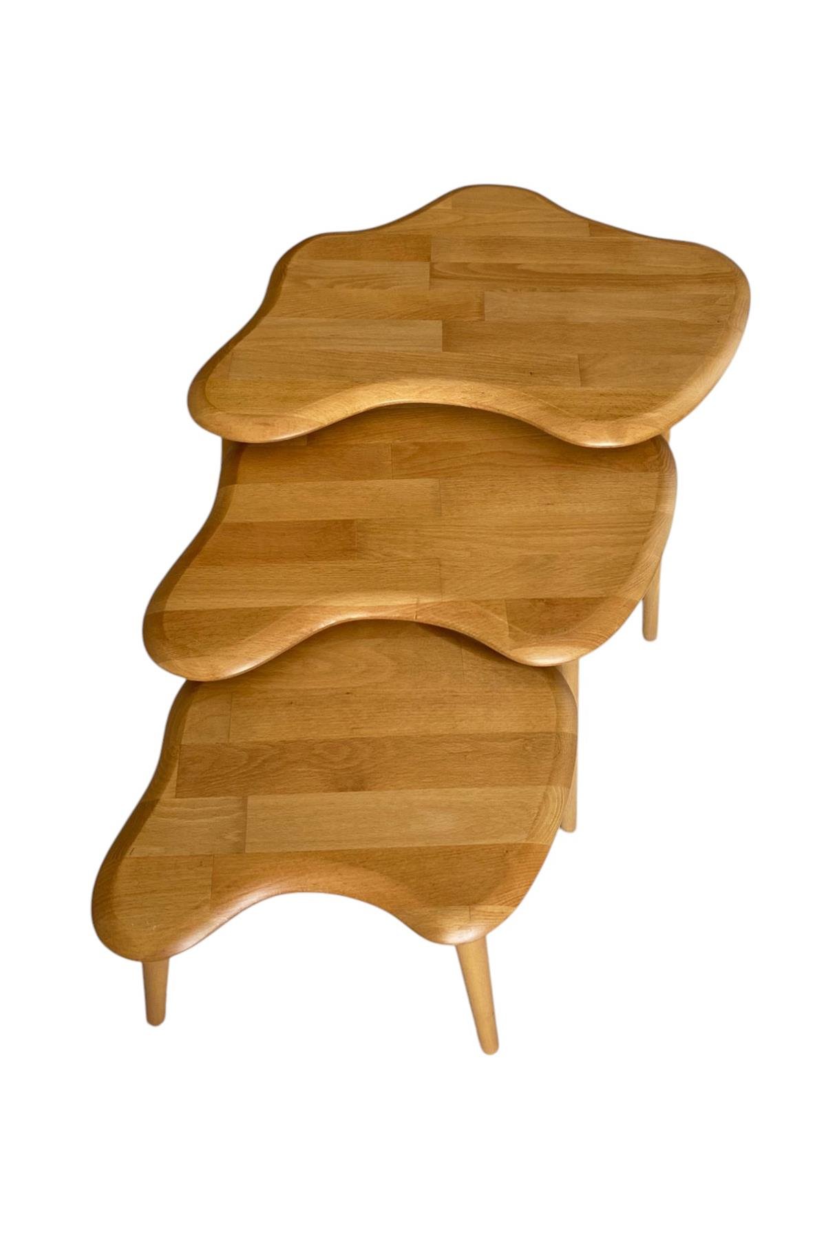 Fawdecor Asimetrik Masif Ahşap Zigon Sehpa Takımı 3'lü Set Modern Bohem Tarz Doğal Ağaç Yan Sehpa Açık Meşe