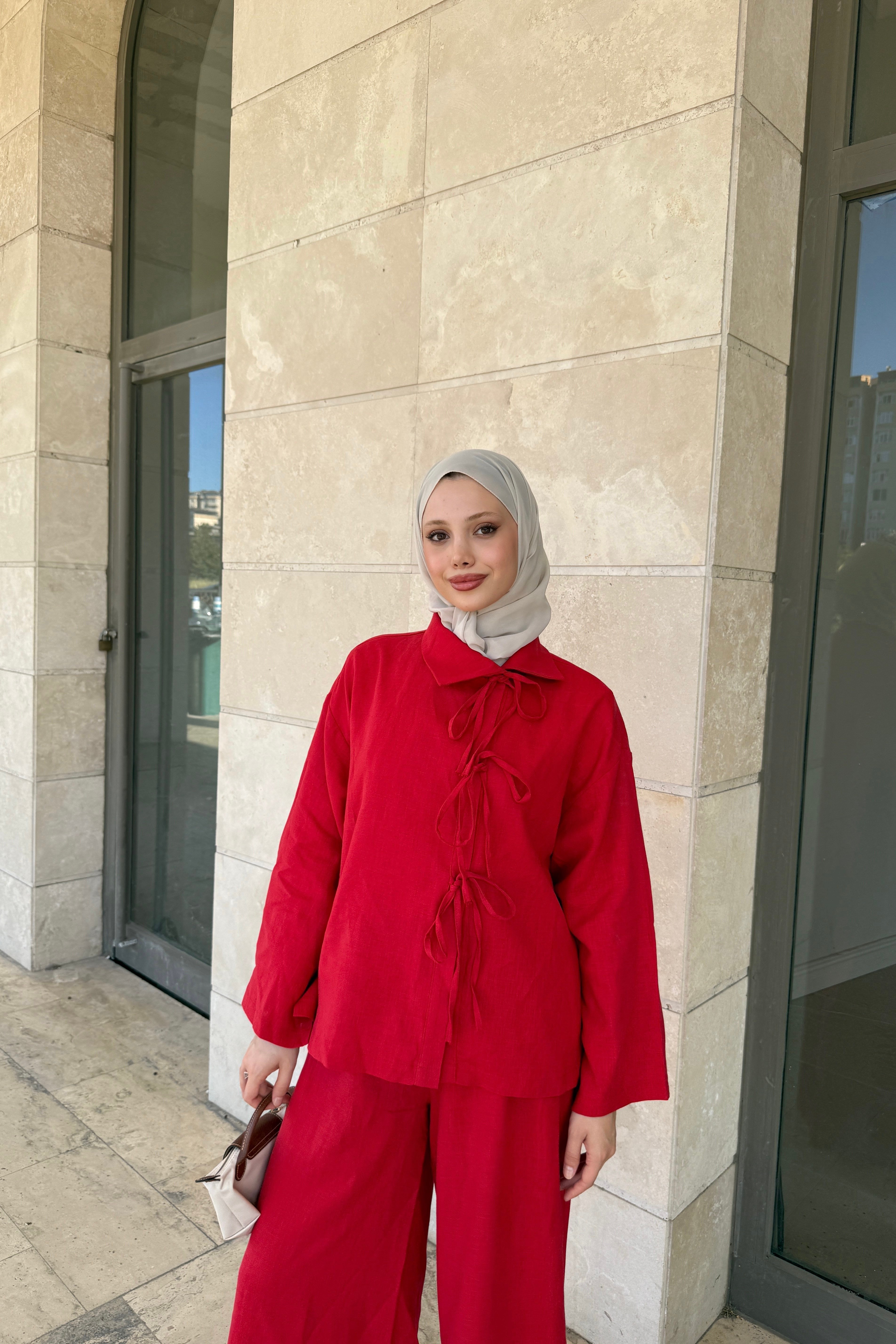 BAĞLAMALI KETEN TAKIM - KIRMIZI