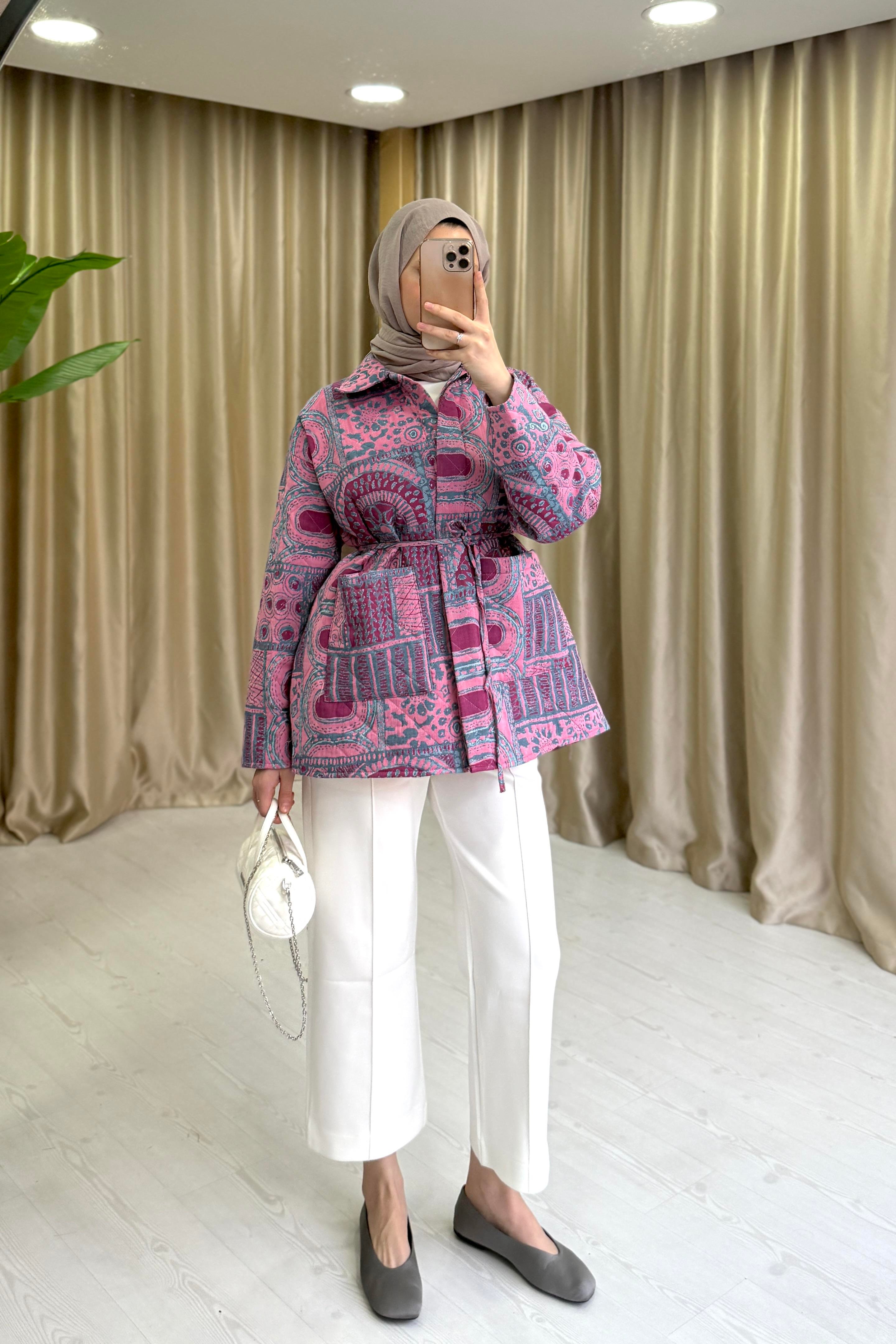 DESENLİ KAPİTONE CEKET - PEMBE