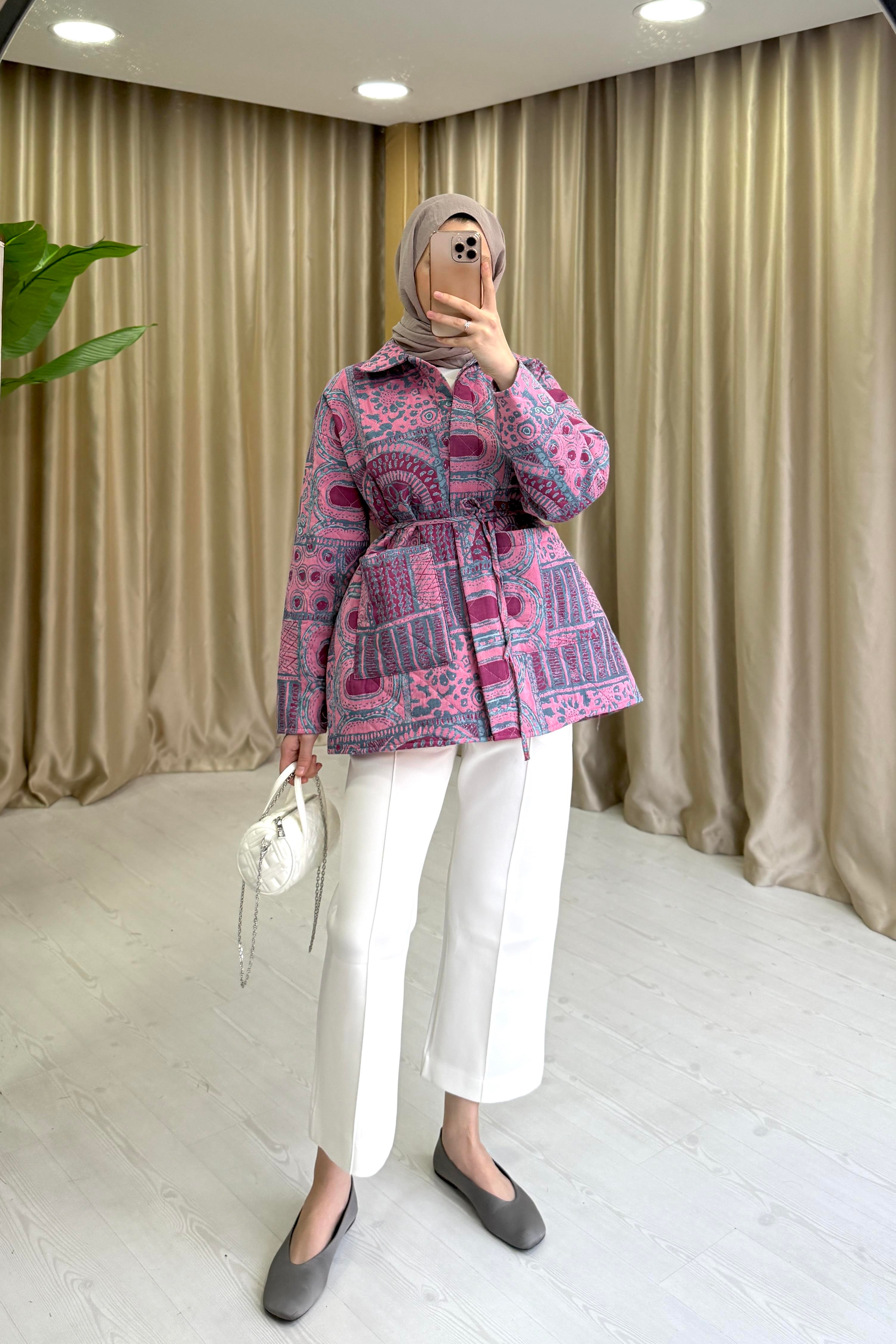 DESENLİ KAPİTONE CEKET - PEMBE