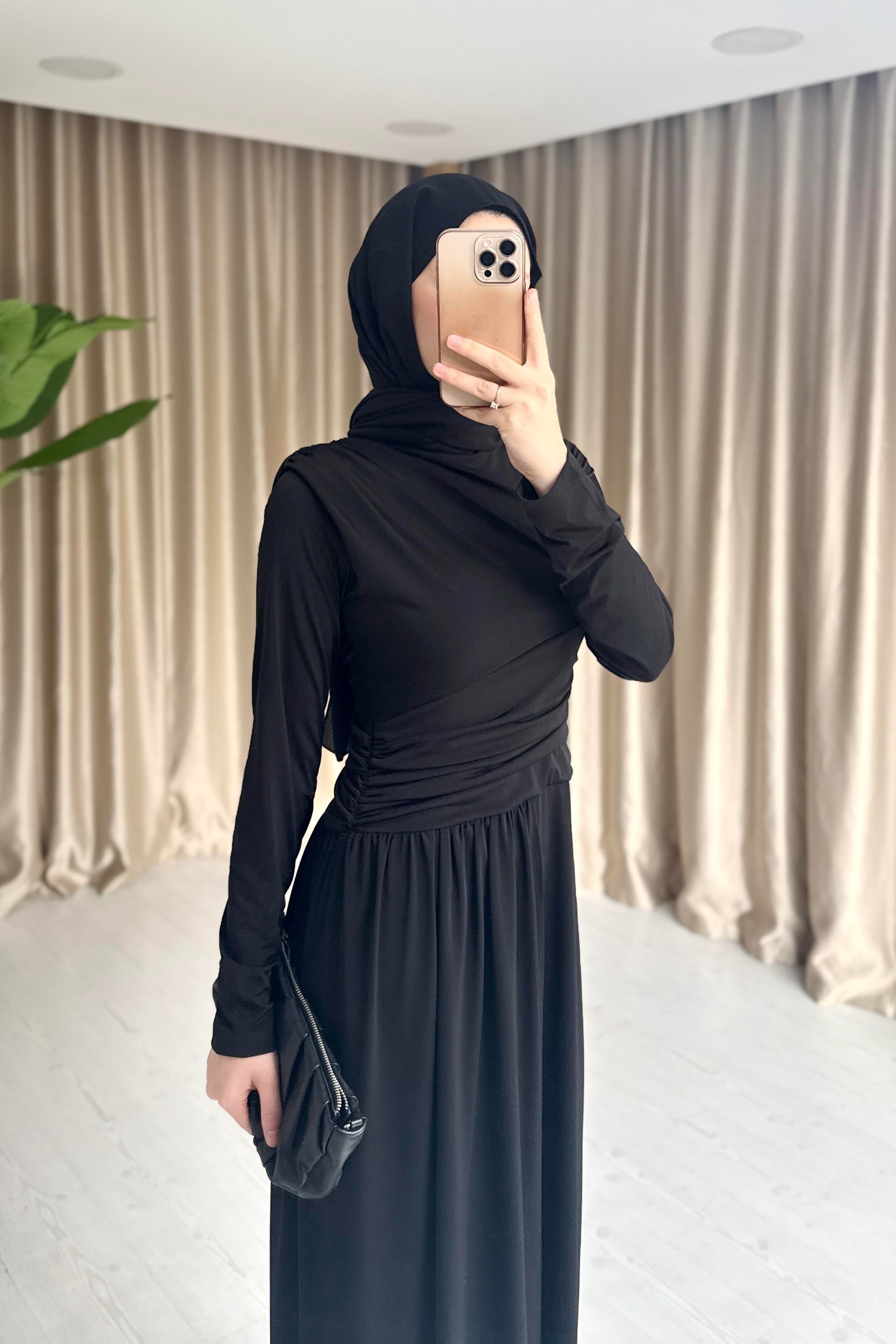 DRAPELİ ELBİSE - SİYAH