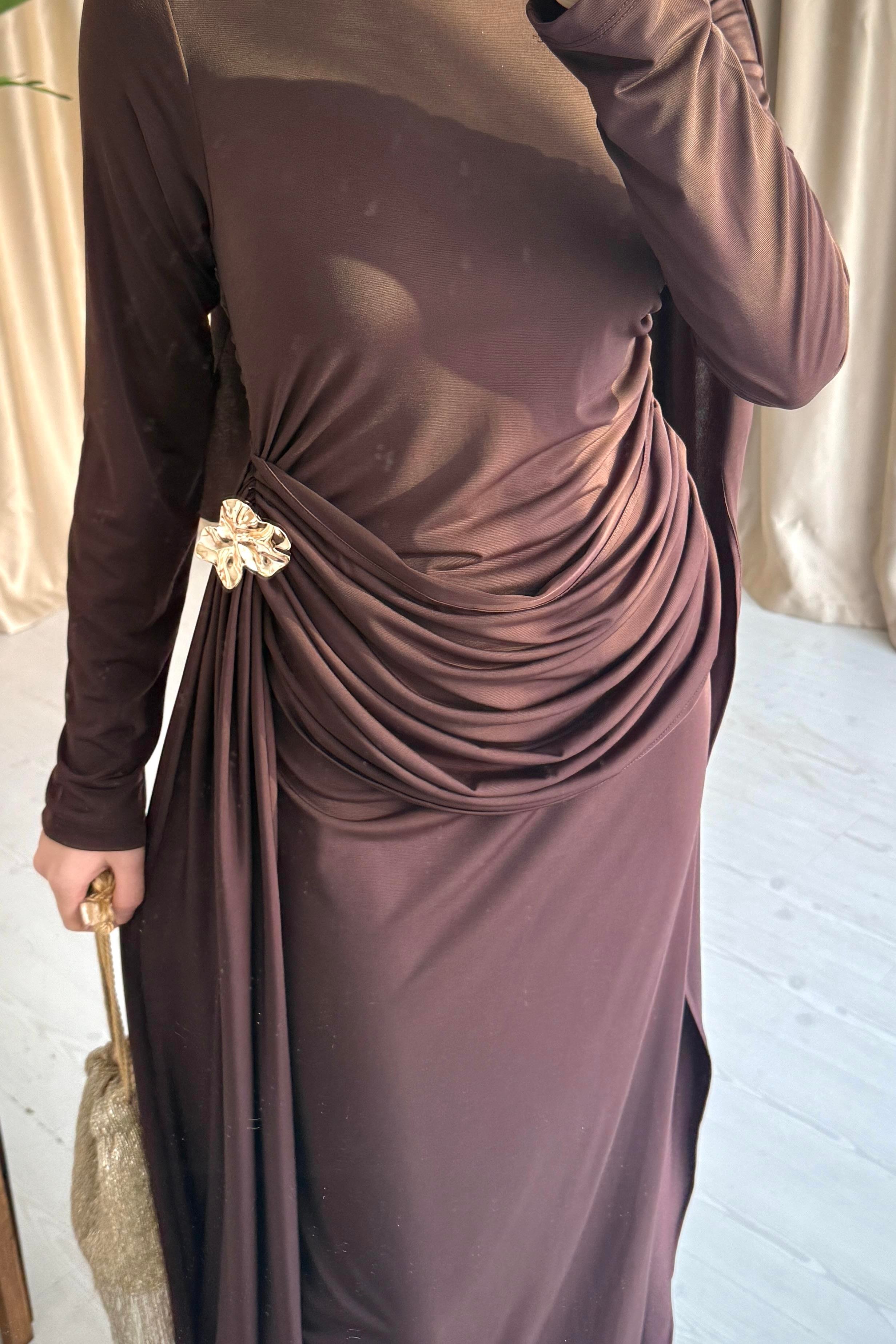 HELEN DRAPELİ ELBİSE - KAHVE