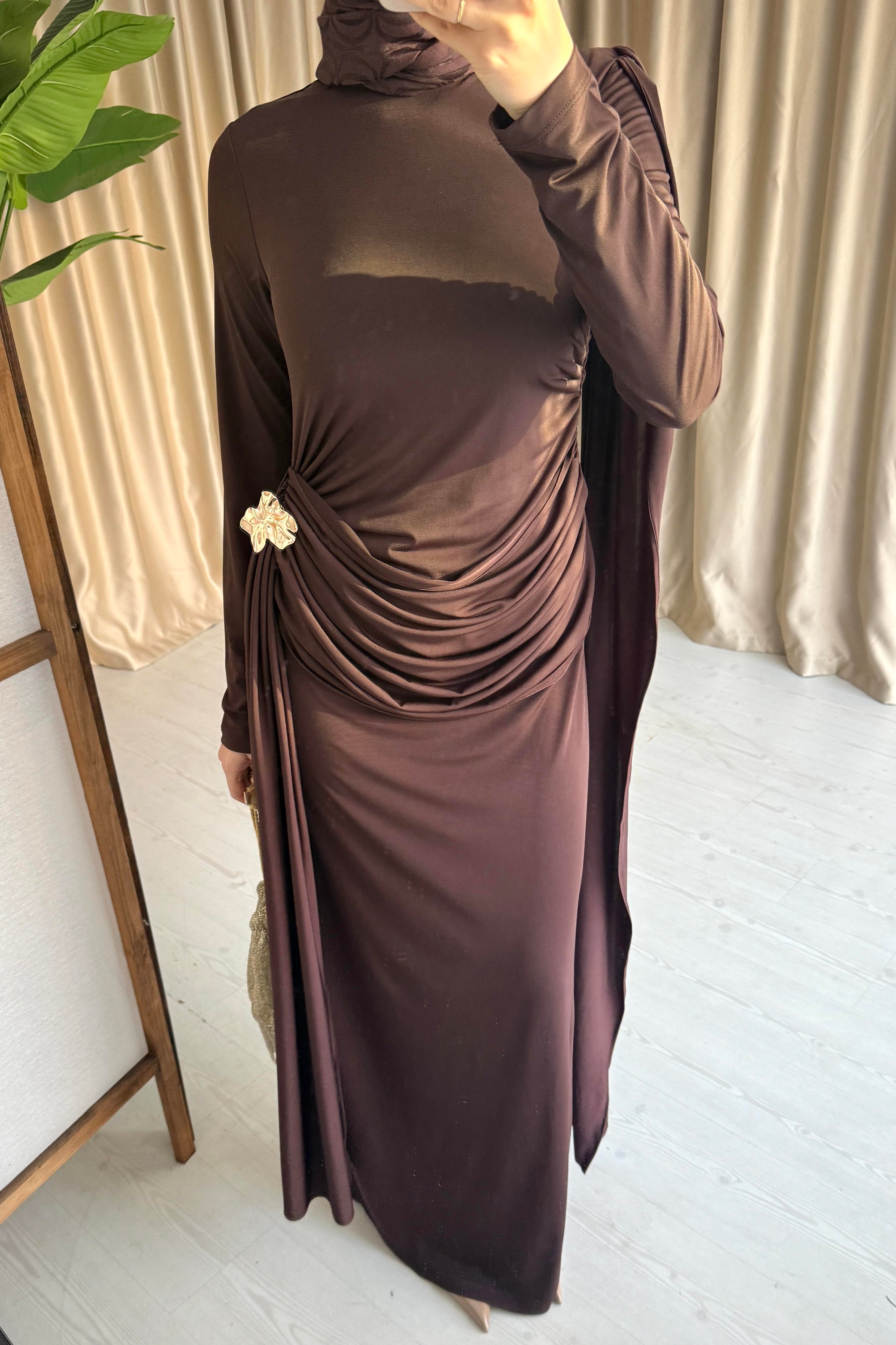 HELEN DRAPELİ ELBİSE - KAHVE