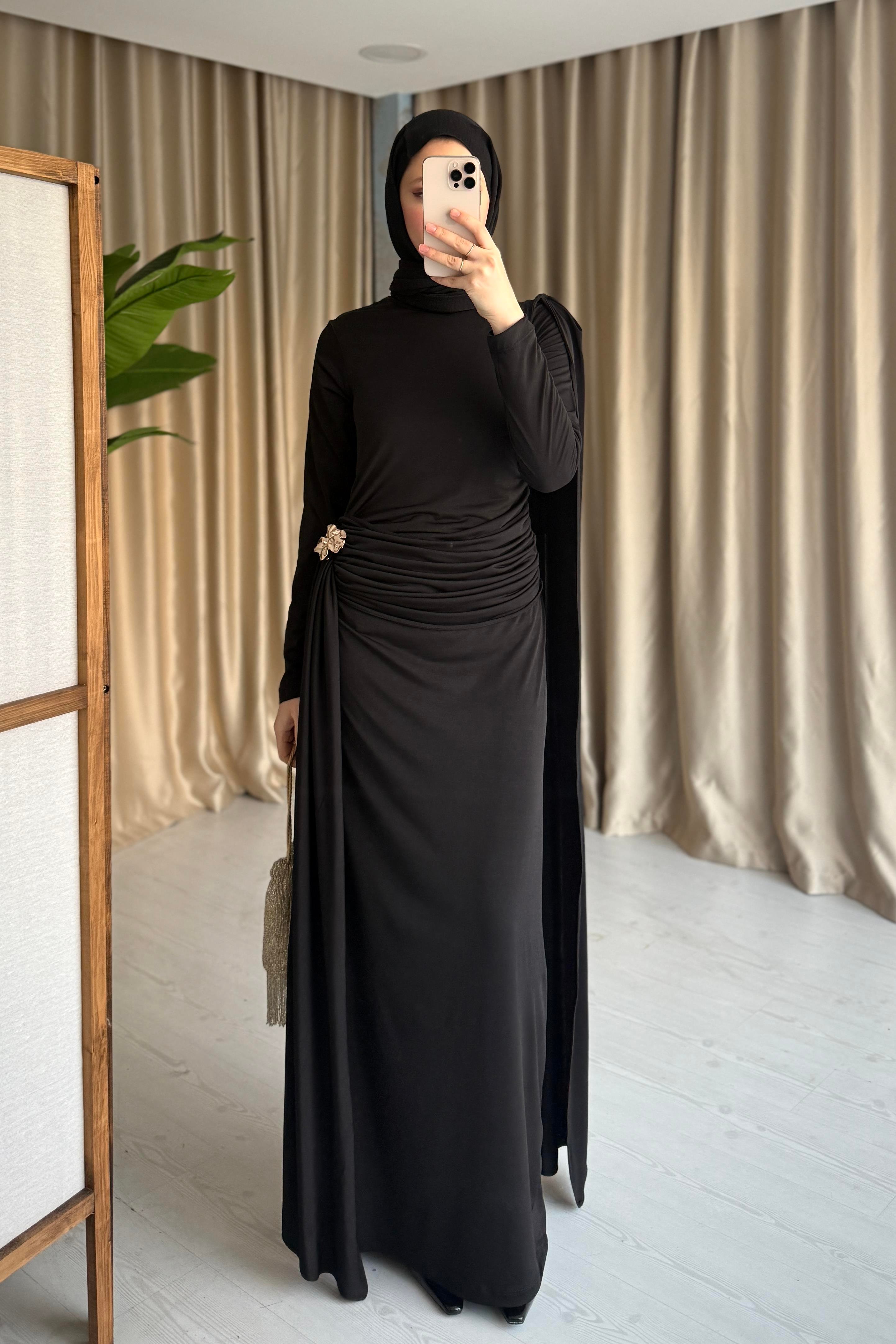 HELEN DRAPELİ ELBİSE - SİYAH