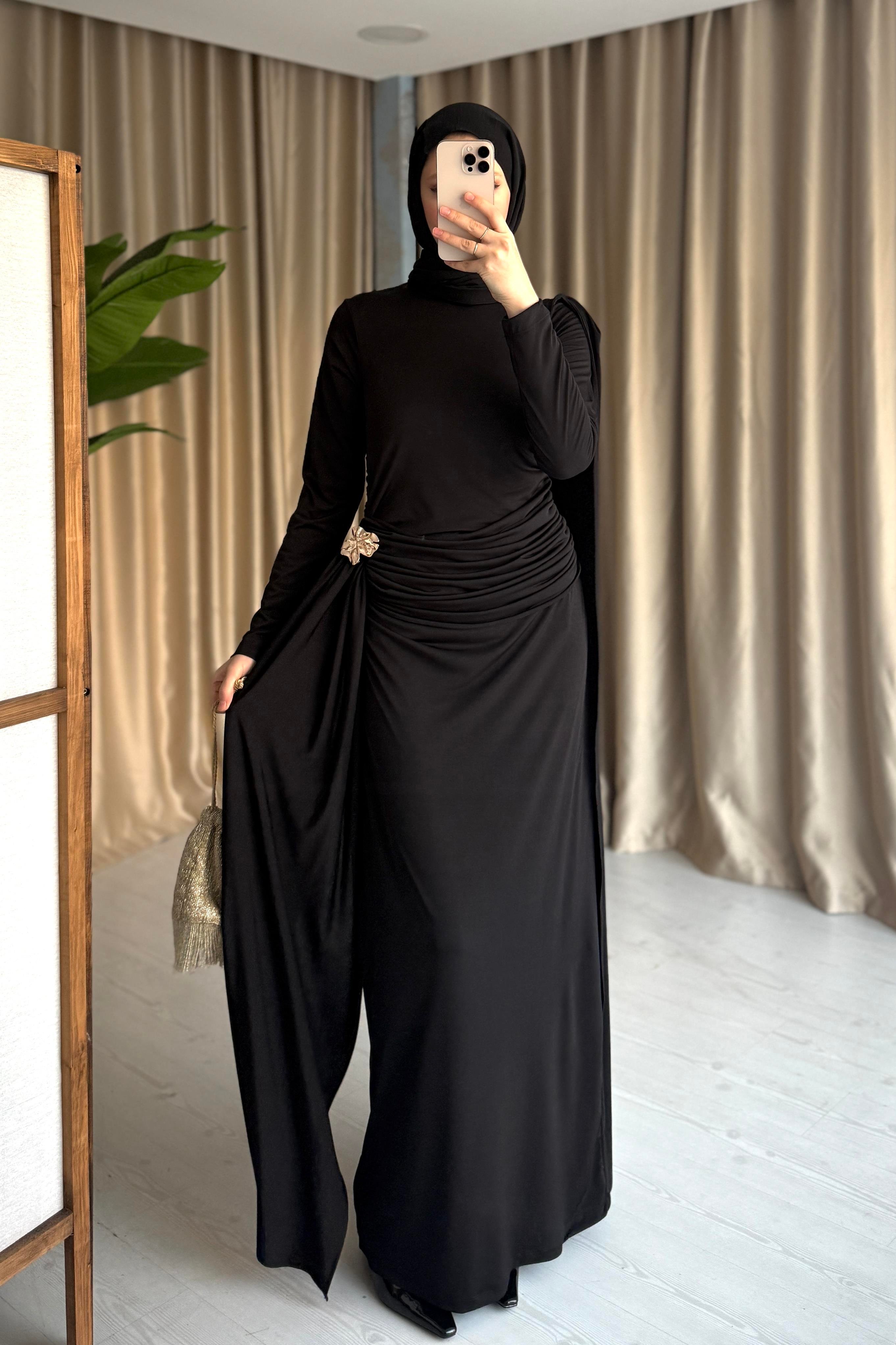 HELEN DRAPELİ ELBİSE - SİYAH