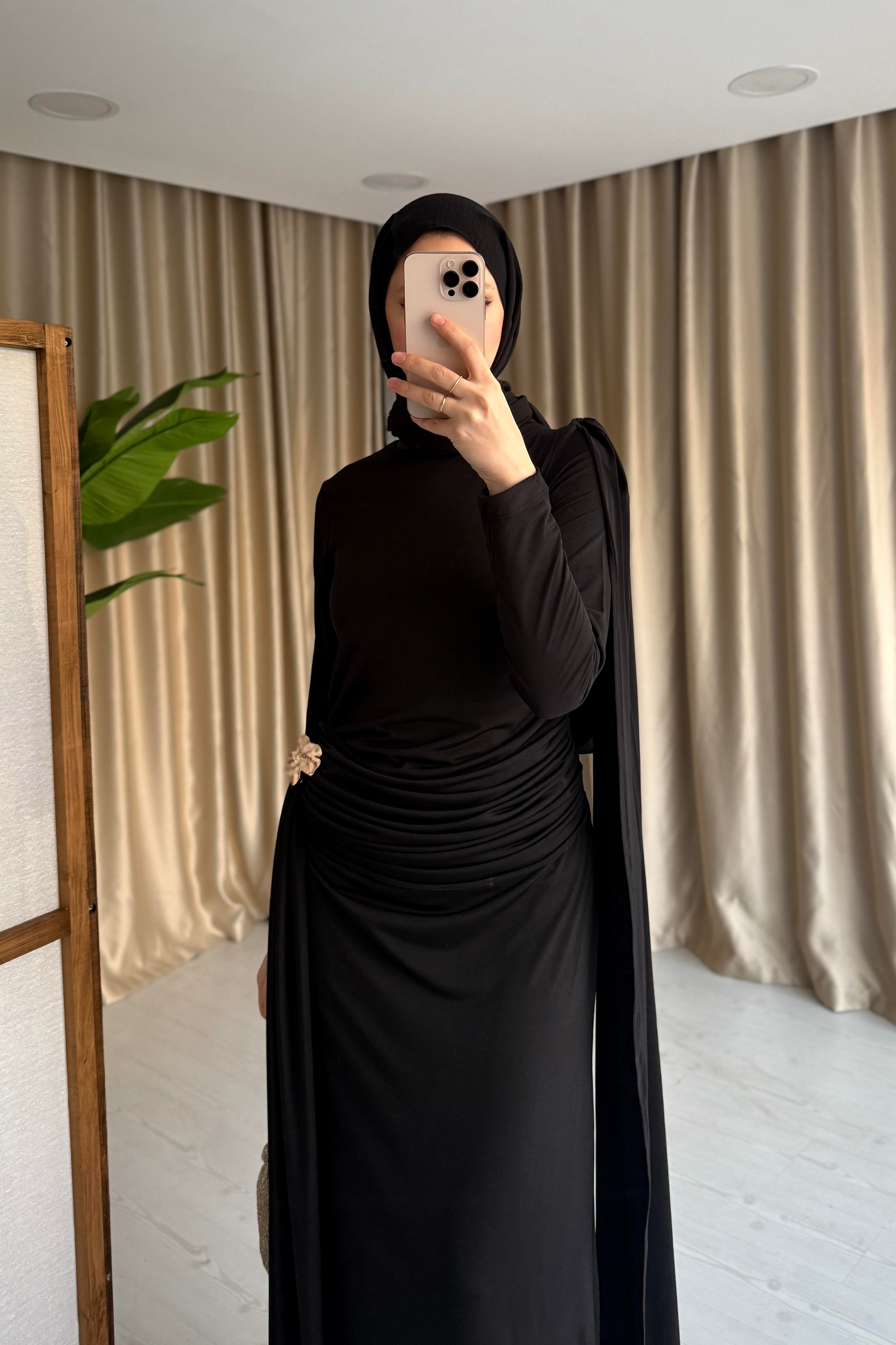 HELEN DRAPELİ ELBİSE - SİYAH