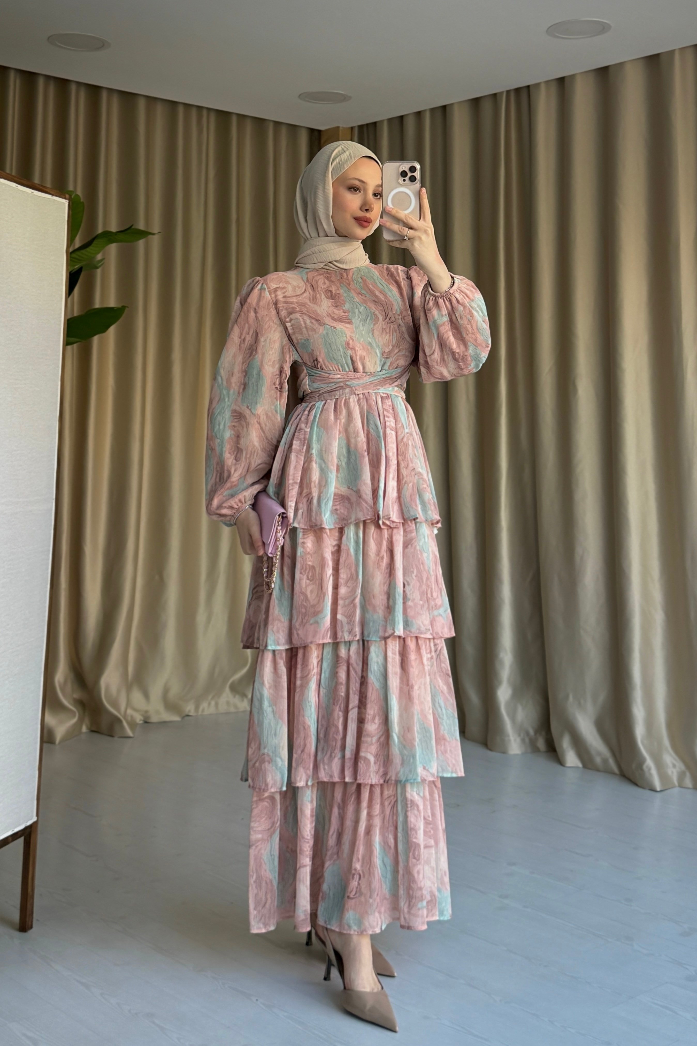 KAT KAT BAĞLAMALI ELBİSE - TURKUAZ PEMBE DESEN