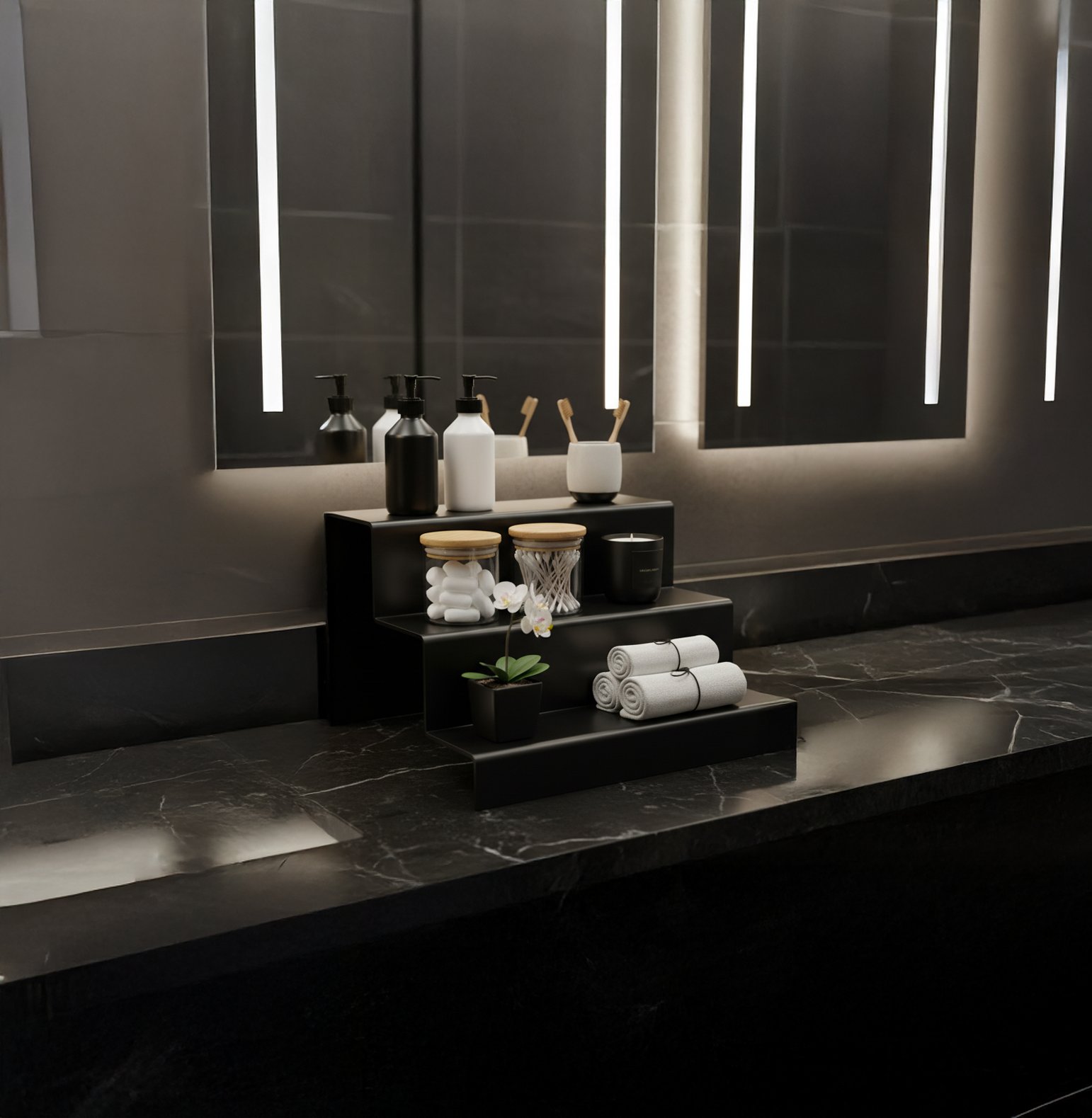 3 Katlı Pleksi Düzenleyici Stand – Banyo Kullanımı İçin Çok Amaçlı Organizer – Siyah Renk