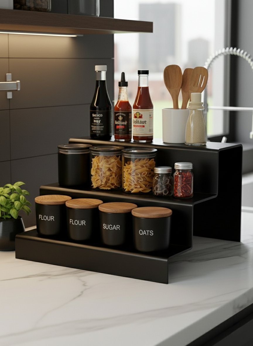 3 Katlı Pleksi Düzenleyici Stand – Mutfak Kullanımı İçin Çok Amaçlı Organizer - Siyah Renk