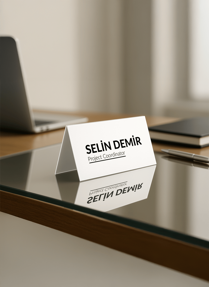 Akrilik Masaüstü İsimlik – Üçgen Stand Tasarım (UV Baskılı, Lazer Kesim)