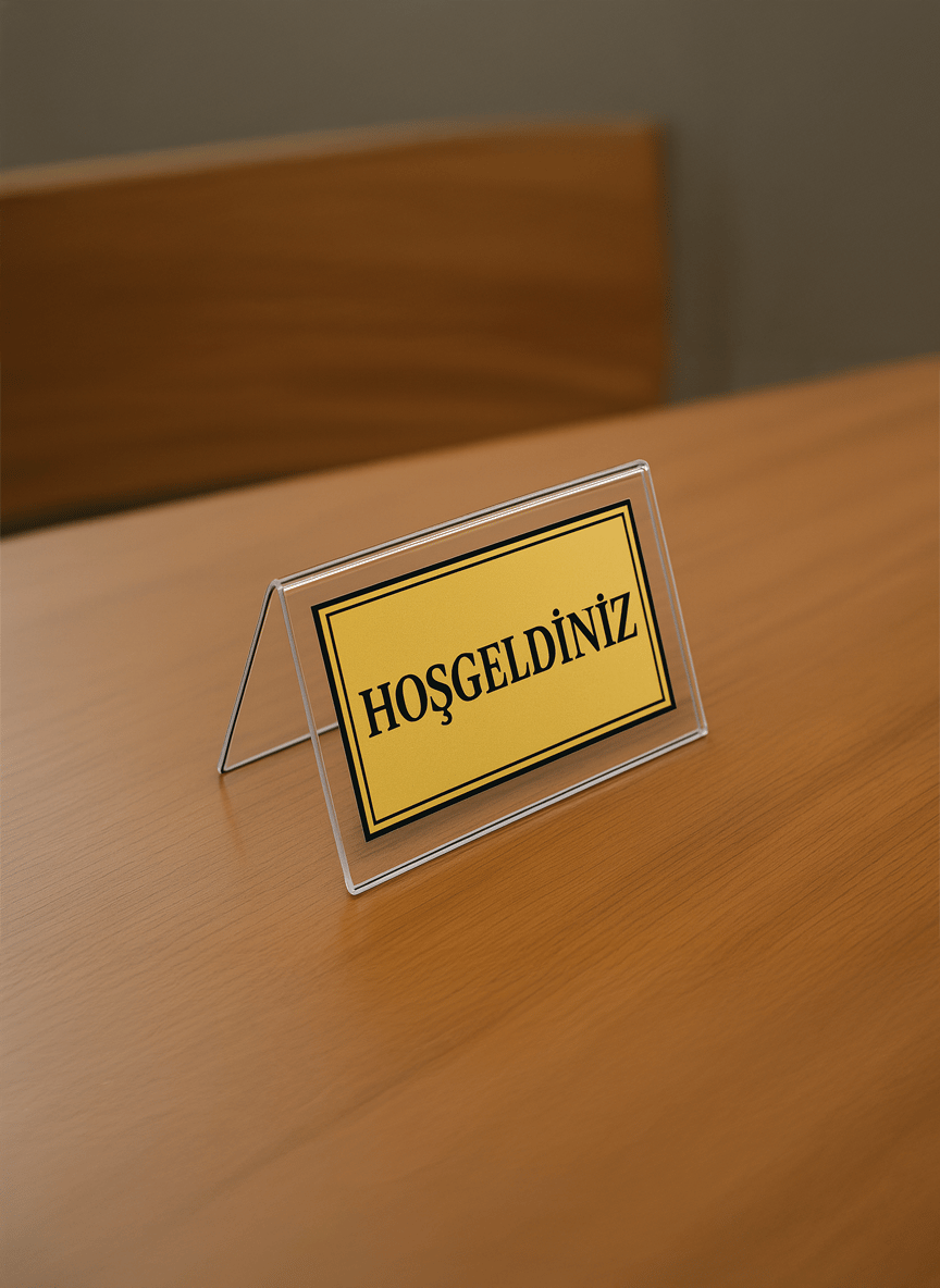 Akrilik Masaüstü İsimlik – Üçgen Stand Tasarım (UV Baskılı, Lazer Kesim)