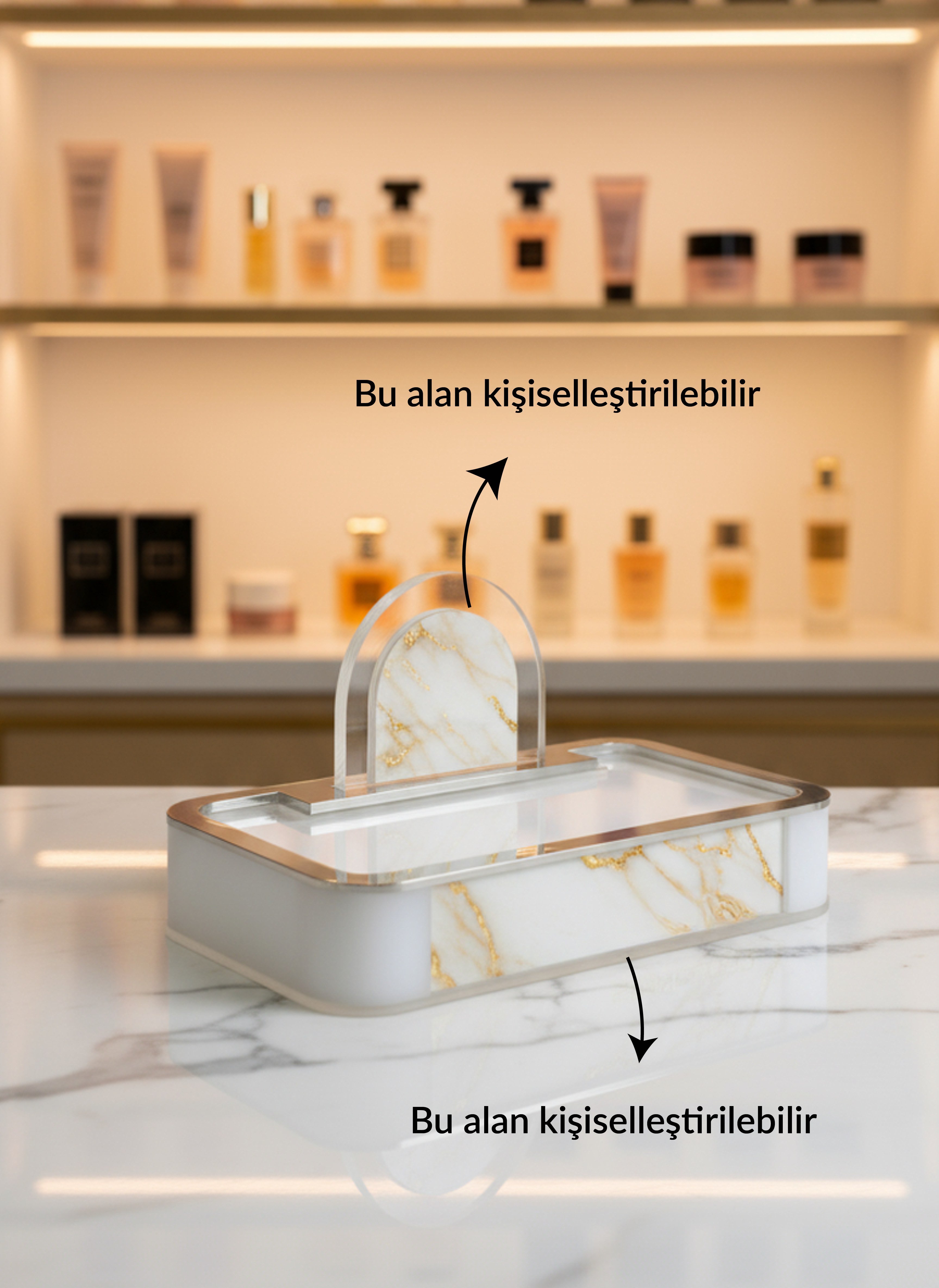 Aynalı Pleksi Çerçeveli Lüks Teşhir Standı I Kişiselleştirilebilir Akrilik Yükseltici (3 Renk)