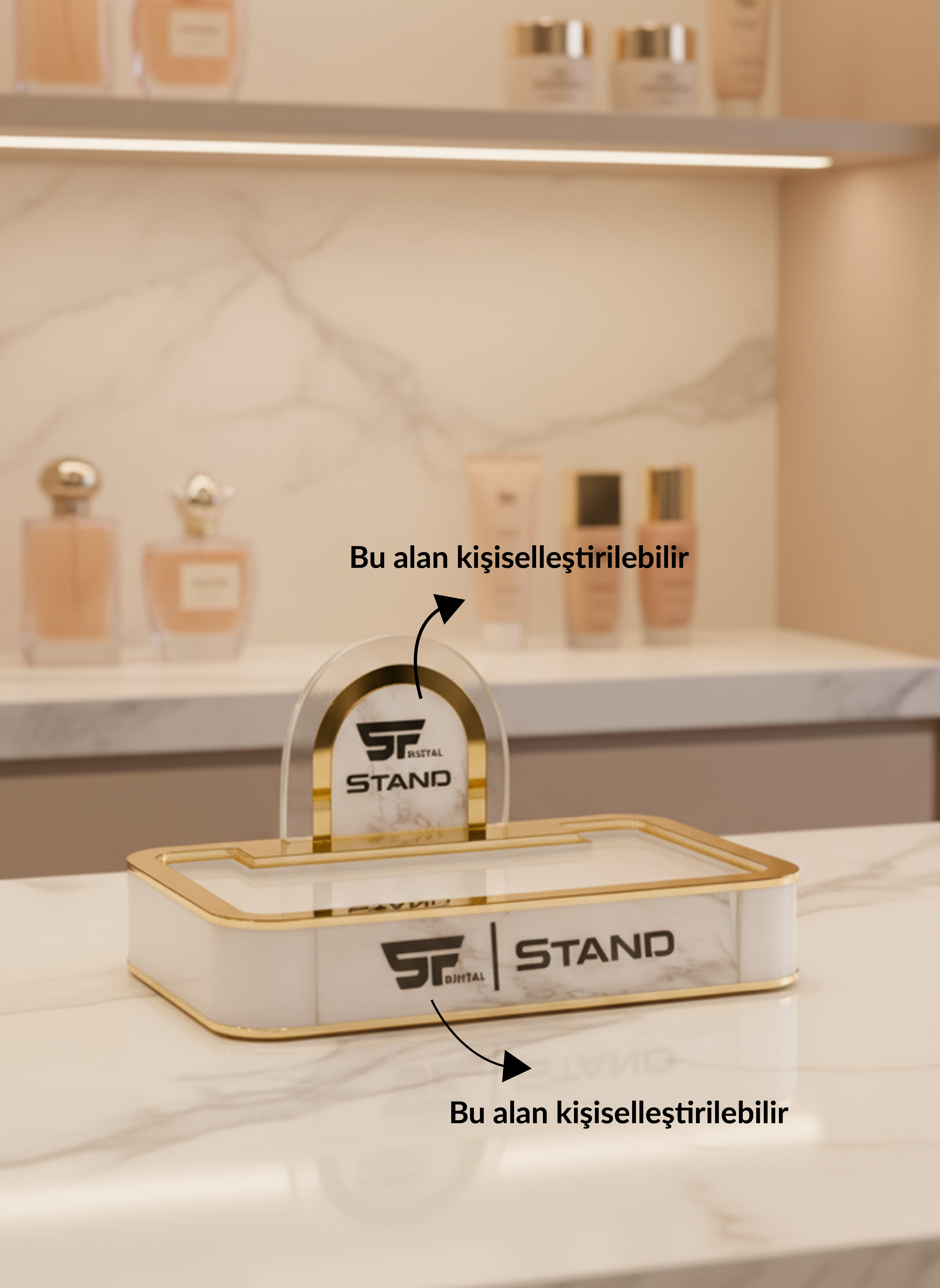 Aynalı Pleksi Çerçeveli Lüks Teşhir Standı I Kişiselleştirilebilir Akrilik Yükseltici (3 Renk)