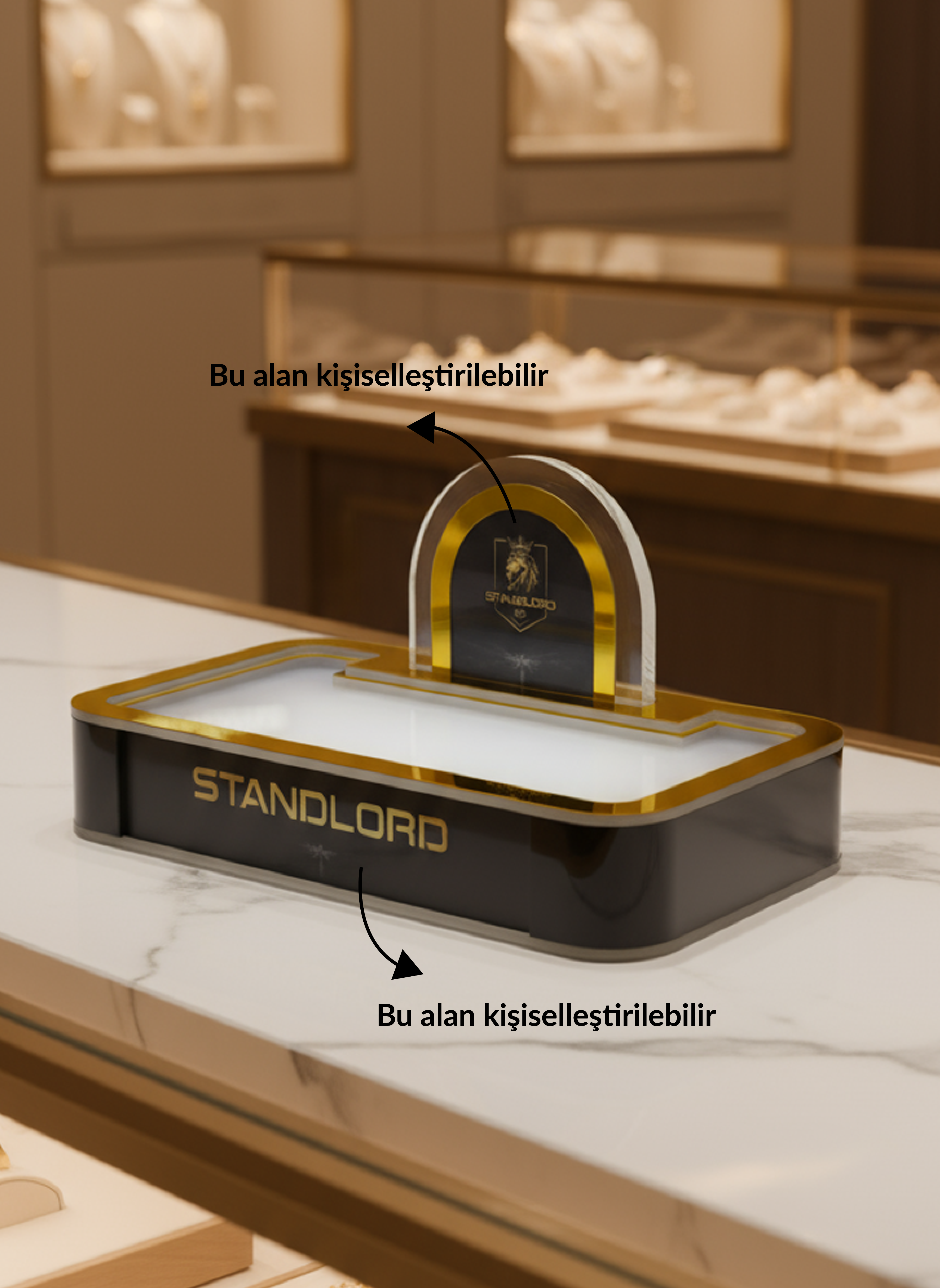 Gold Lüks Marka Teşhir Yükselticisi I Işıklı Platformlu Kemer Panelli Stand