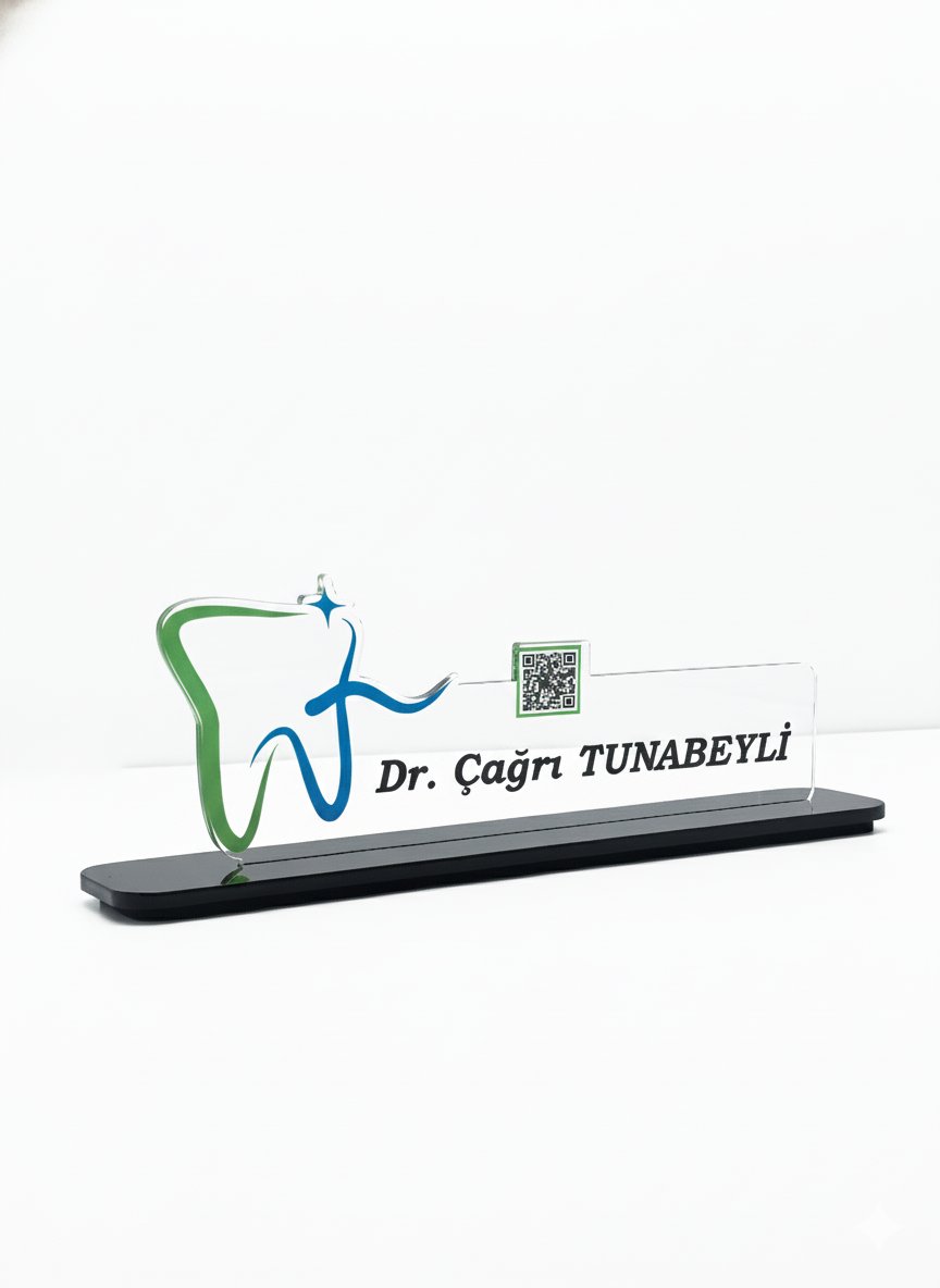 Kişiye Özel Lüks Pleksi Masa İsimliği |  Logo Baskılı Şeffaf Diş Hekimi İsimliği | QR Kodlu