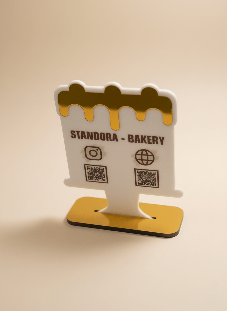 Özel Tasarım Eritilmiş Bal/Krema Efektli Sosyal Medya Standı | Fırın/Pastane İçin Instagram & Web Sitesi QR Menü Standı