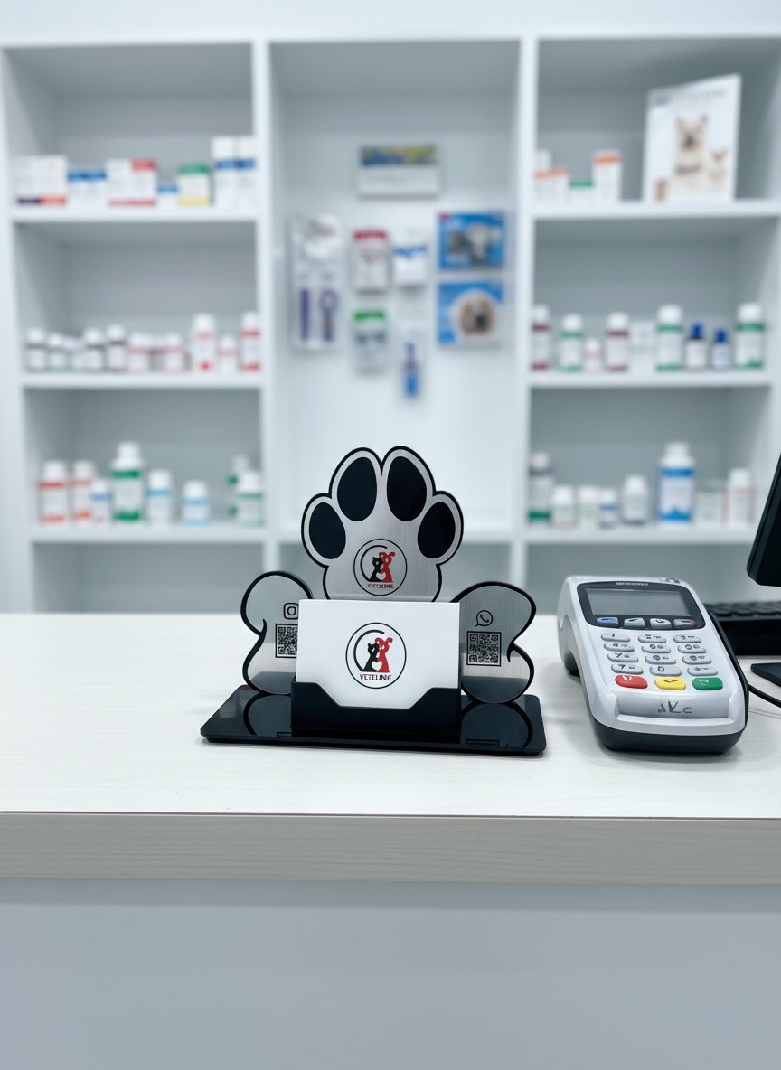 Patili Veteriner & Pet Shop Masaüstü Kartvizitlik – Şeffaf Pleksi, UV Baskı, QR Kodlu Stand