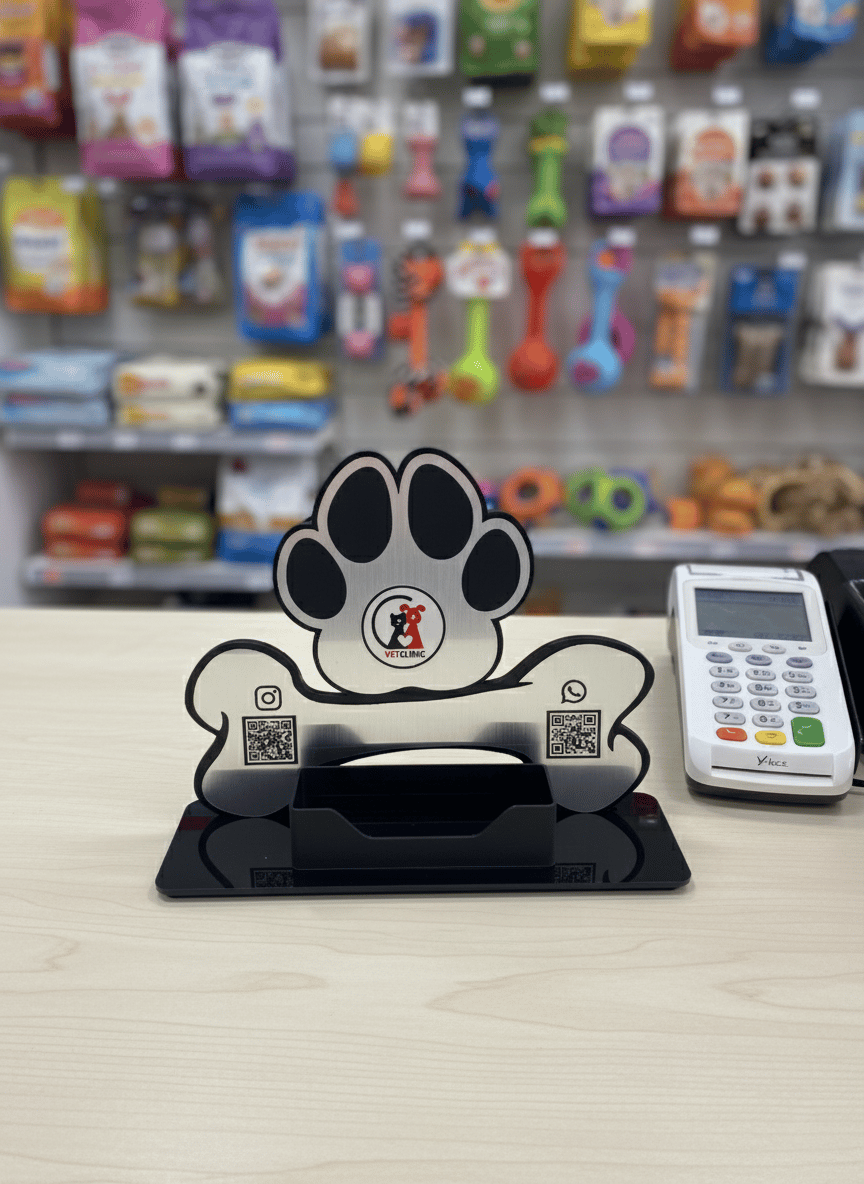 Patili Veteriner & Pet Shop Masaüstü Kartvizitlik – Şeffaf Pleksi, UV Baskı, QR Kodlu Stand