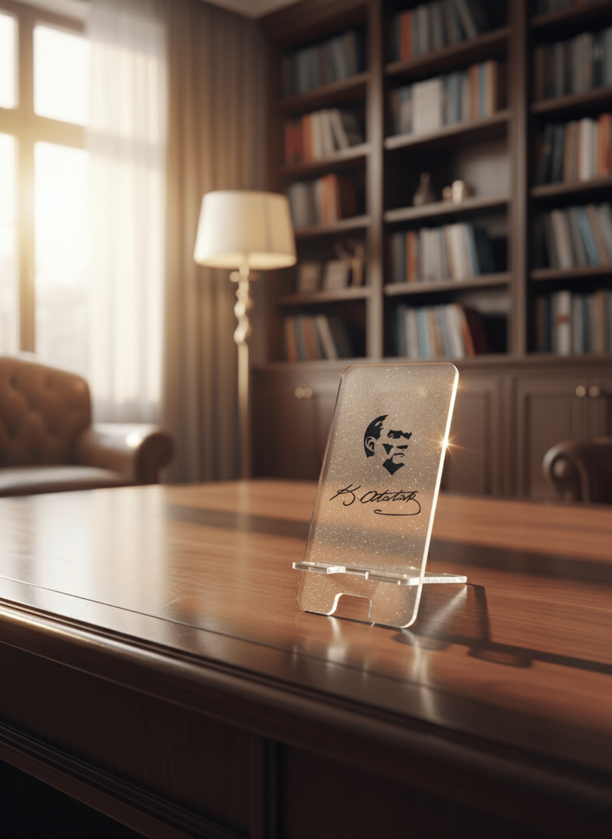 Pleksi Masaüstü Cep Telefonu Tutucu - ATATÜRK İmza Standora Tasarım