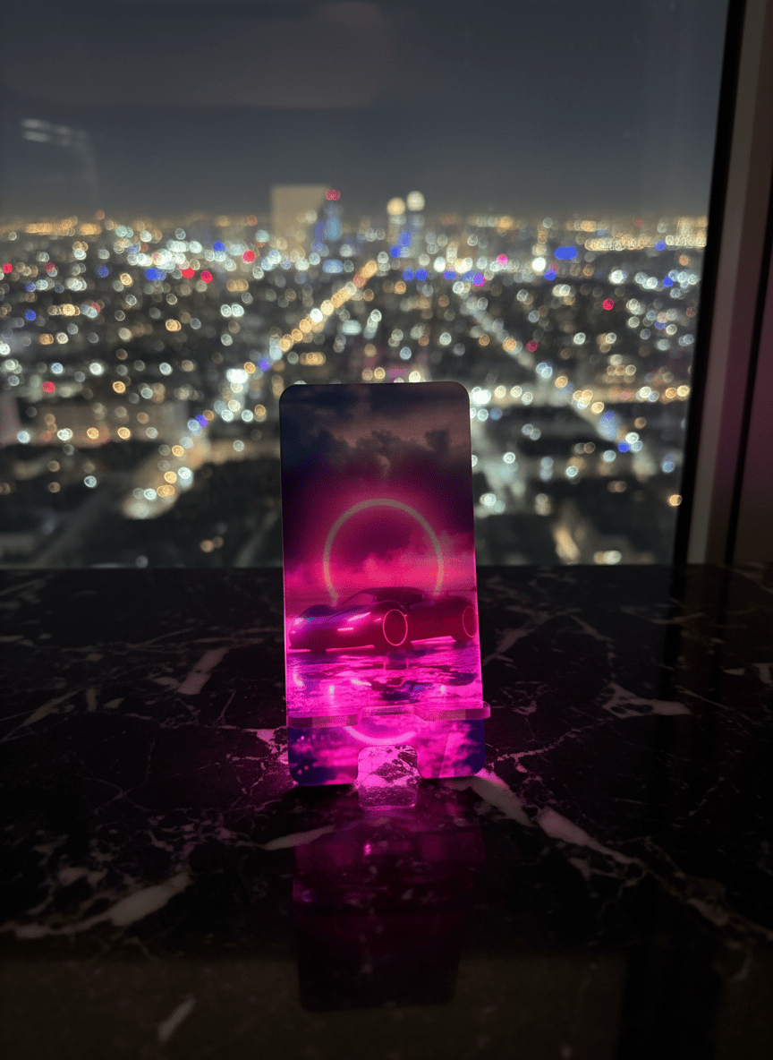 Pleksi Masaüstü Cep Telefonu Tutucu - Neon Araba Standora Tasarım