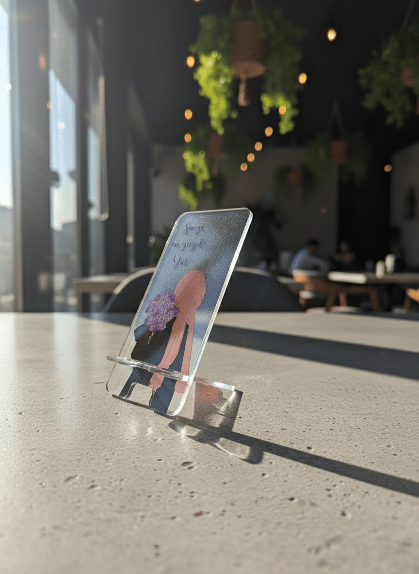 Pleksi Masaüstü Cep Telefonu Tutucu - Sevgi Çiçeği Standora Tasarım