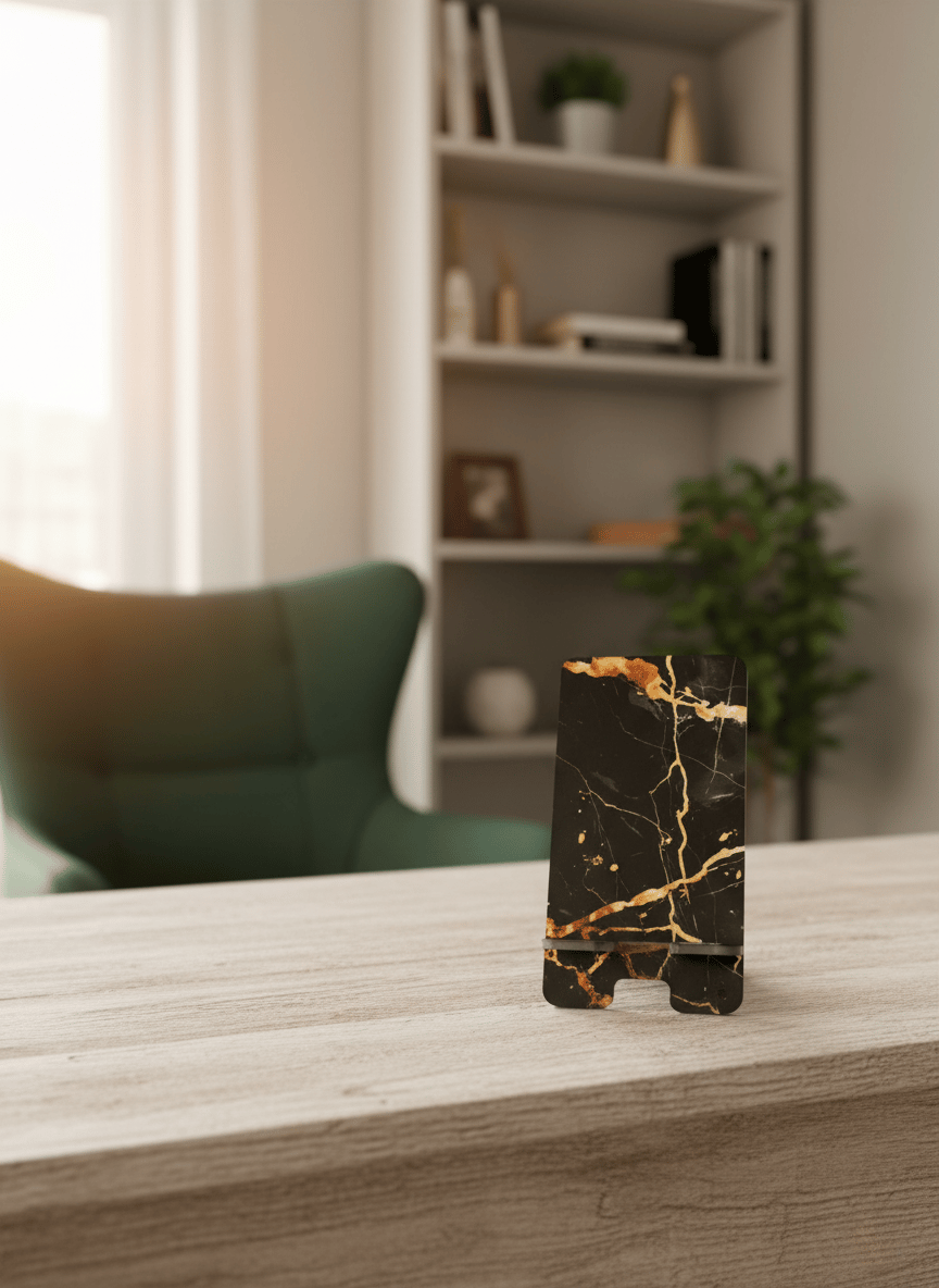 Pleksi Masaüstü Cep Telefonu Tutucu - Siyah Gold Mermer Standora Tasarım
