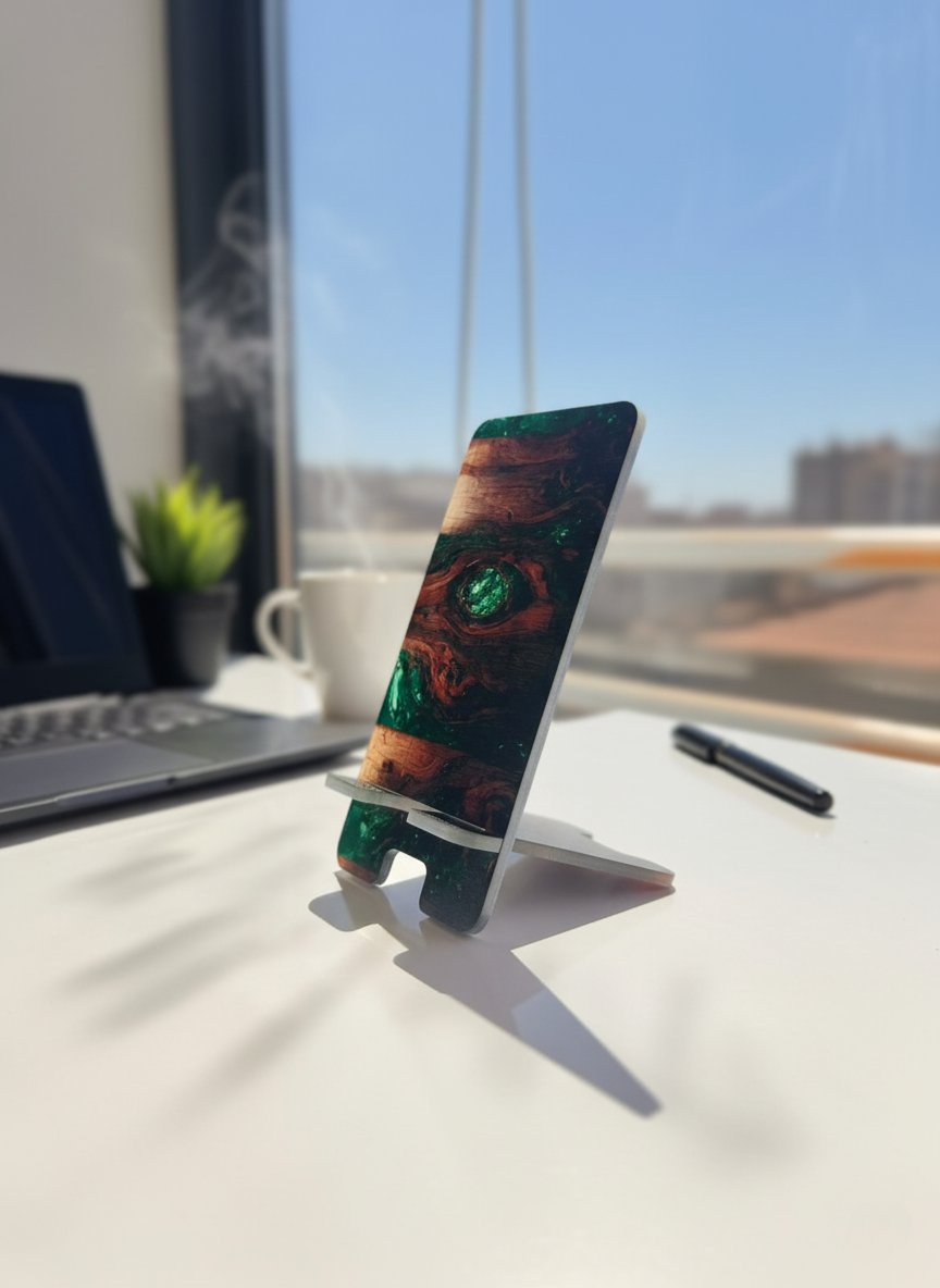 Pleksi Masaüstü Cep Telefonu Tutucu - Yeşil Kütük Standora Tasarım