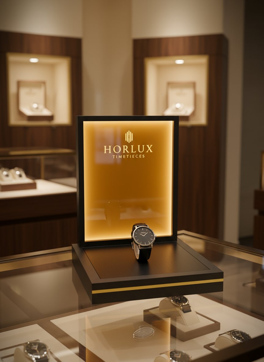 Premium Işıklı Marka Panosu Standı I Lüks Ahşap Efektli Teşhir Yükselticisi